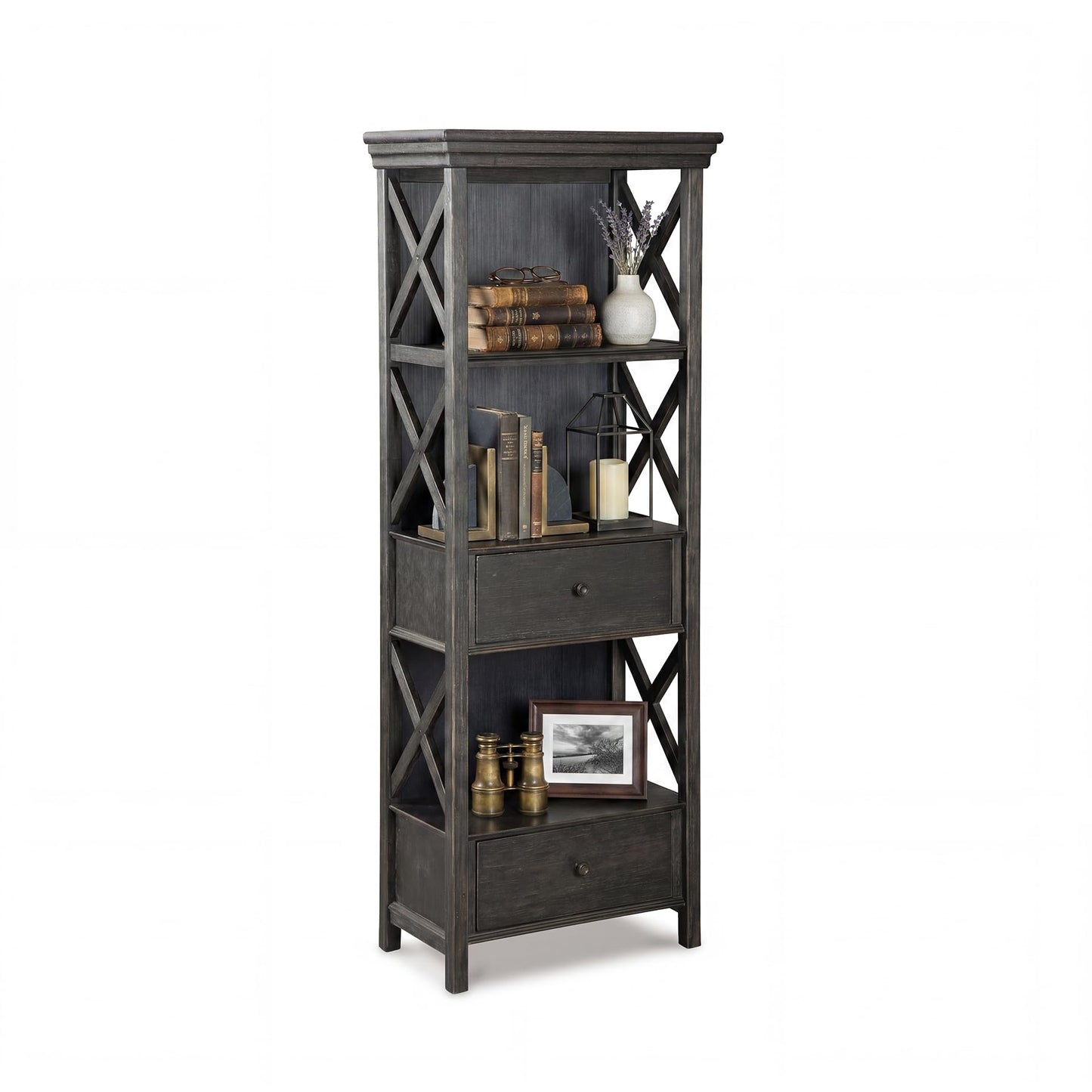 Signature Design by Ashley Tyler Creek Casual Farmhouse 75" Display Cabinet or Bookcase with Drawers and Shelf, Open Lattice Sides, Wood, Gray Black Finish