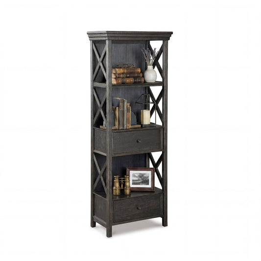 Signature Design by Ashley Tyler Creek Casual Farmhouse 75" Display Cabinet or Bookcase with Drawers and Shelf, Open Lattice Sides, Wood, Gray Black Finish