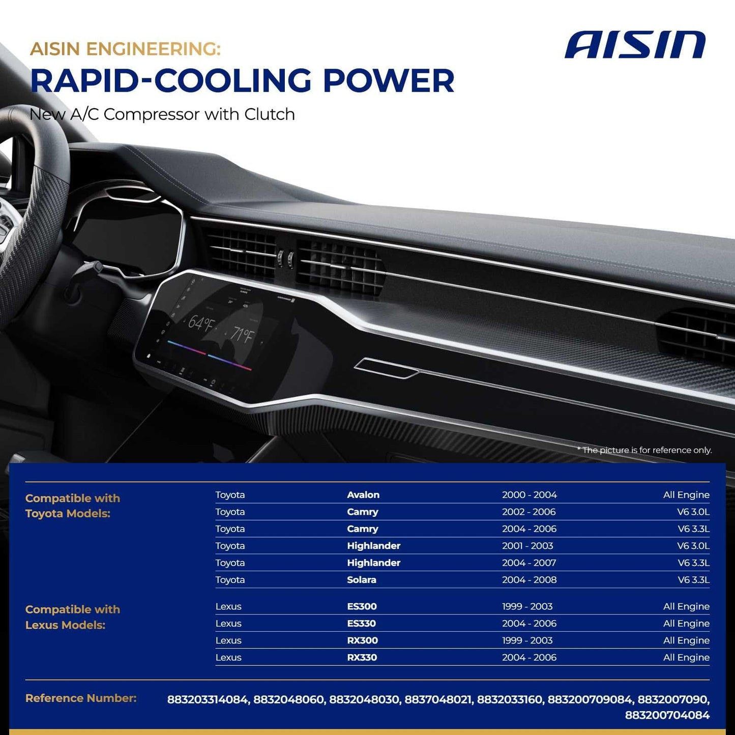 AISIN AFTERMARKET ACCT-00066 Air Conditioner AC Compressor - Compatible with Toyota Camry 02-06, Highlander 01-07, Avalon 00-04, Lexus RX300 ES300 99-03 - 3.0L 3.3L - with 6-Pulley Groove, with Clutch