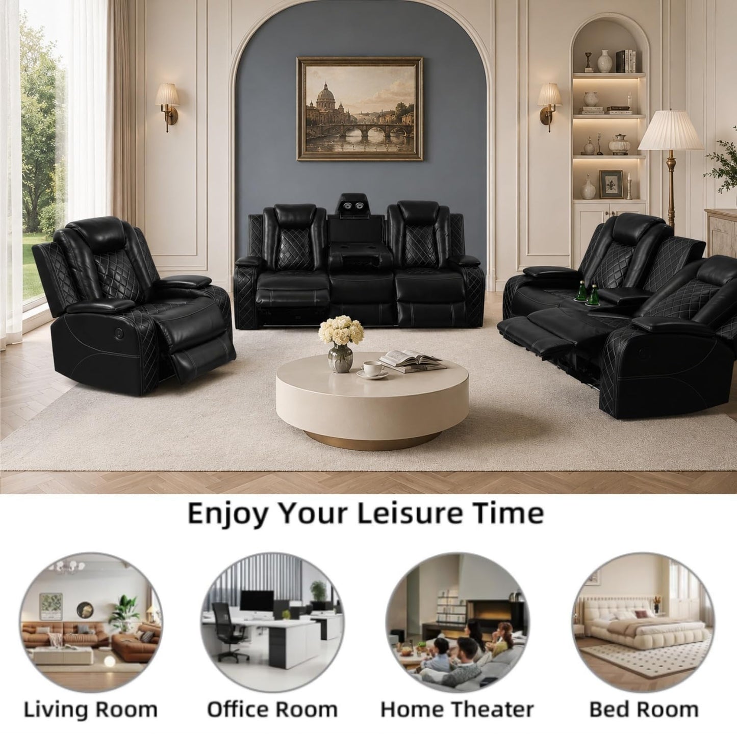 Trygoal Recliner Sofa Set, Breathing Leather 3-Piece Reclining Couch Set with Wireless Charger & LED Ambient Lighting, Home Theater Seating with Storage & Cup Holders, Movie Night Couch, Black