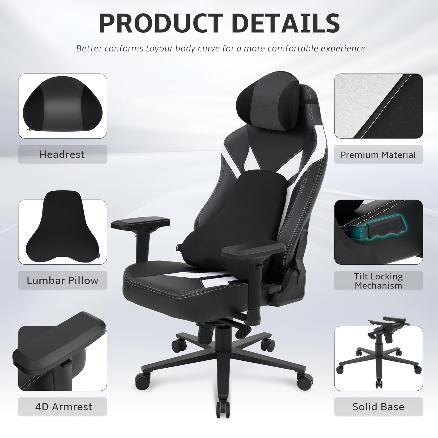 Ergonomic Gaming Chair, Wyrdforging Computer Desk Chairs, 4D Armrests, High Back Office Chair With Headrest & Lumbar Pillow, Tilt Rocker Recliner, Heavy-Duty Base, Black PU Leather & White Suede Combo