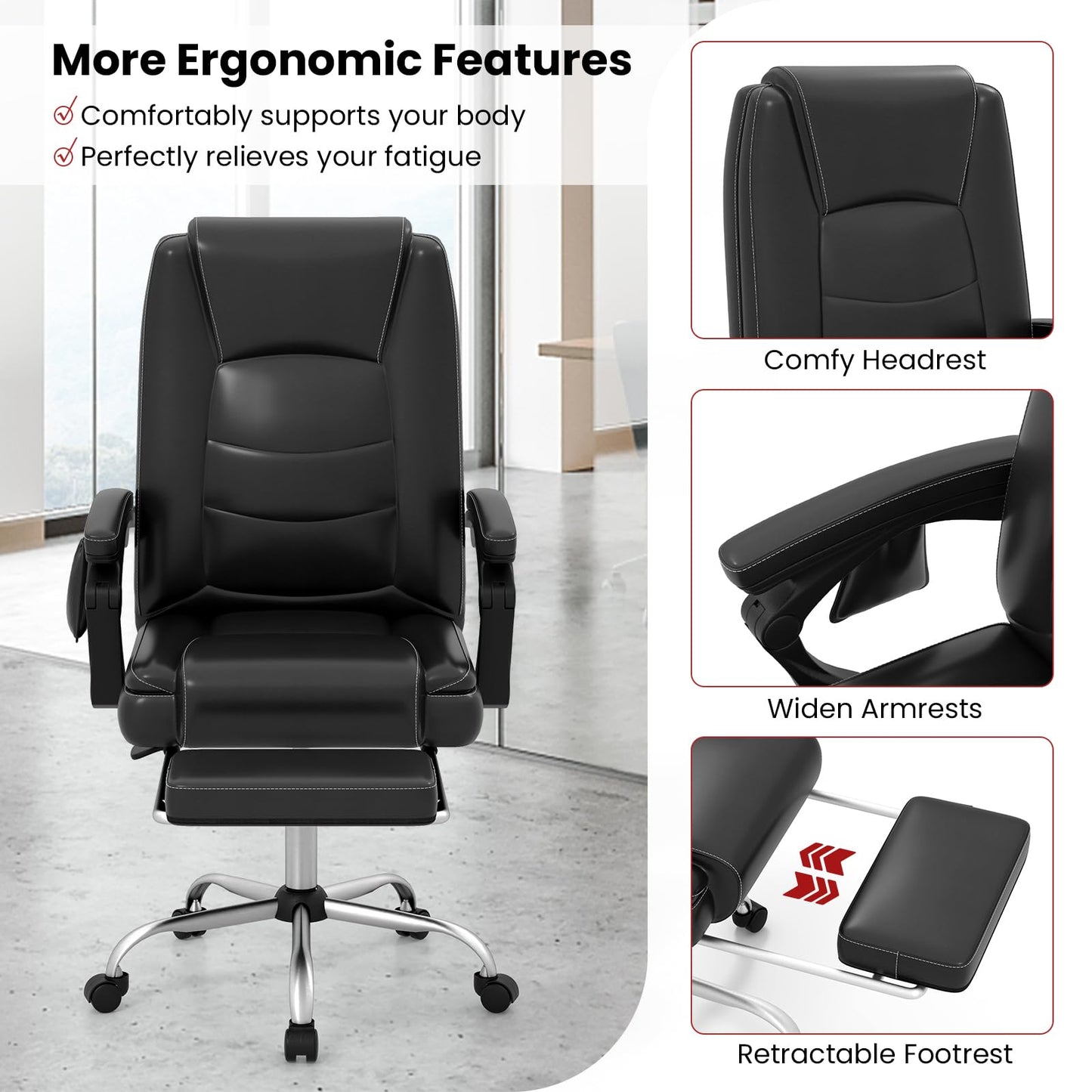 COSTWAY Big and Tall Office Chair, 6-Point Massage Desk Chair with Retractable Footrest, Reclining Backrest & Adjustable Swivel Seat, PU Leather Executive Chair with Wheels, 400 LBS Capacity, Black