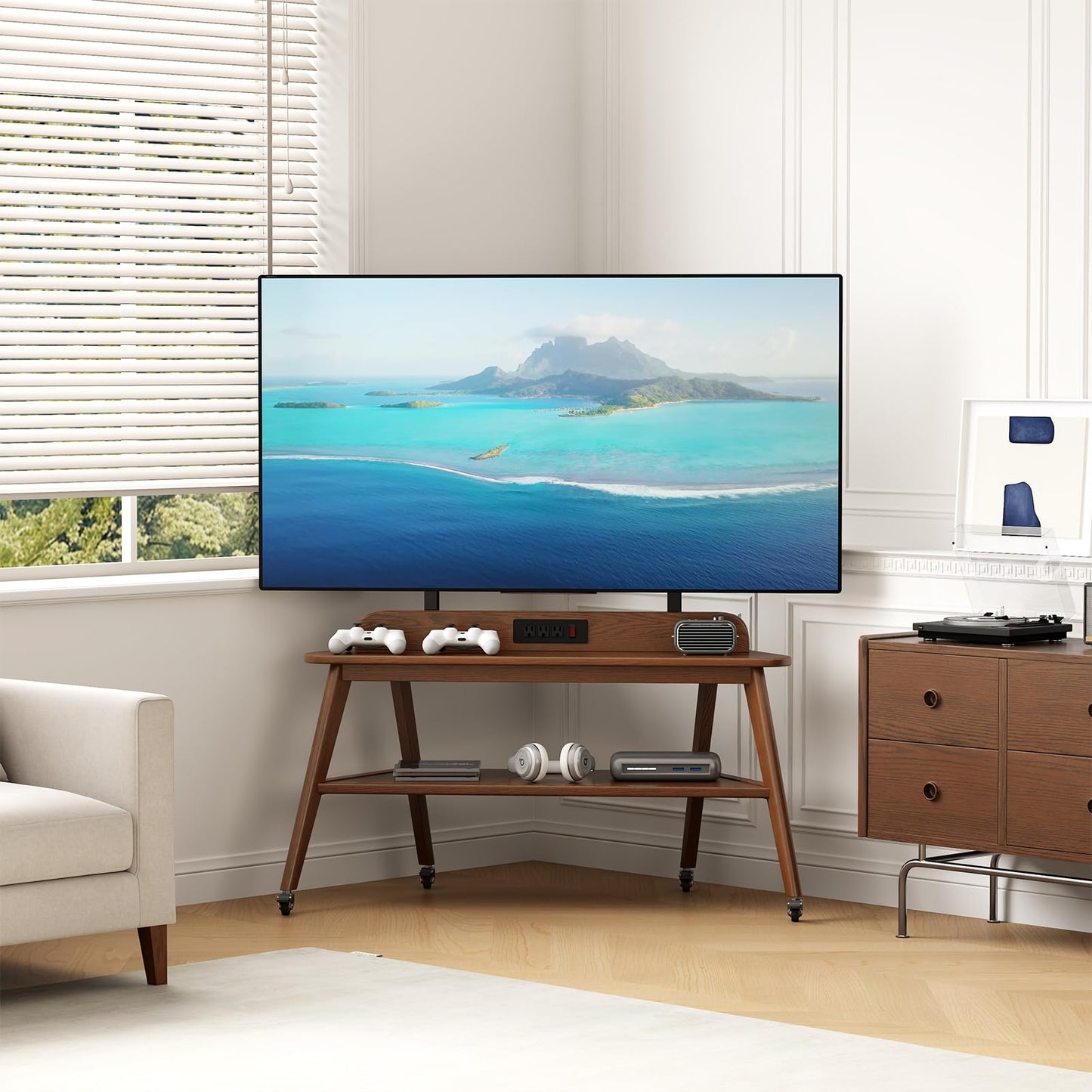 Solid Wood Rolling TV Stand with Power Outlet,Corner Entertainment Center for 40-85 Inch,TV Cart with Storage Shelves,Television Stands with Adjustable Height,Mobile TV Stand for Bedroom,Living Room