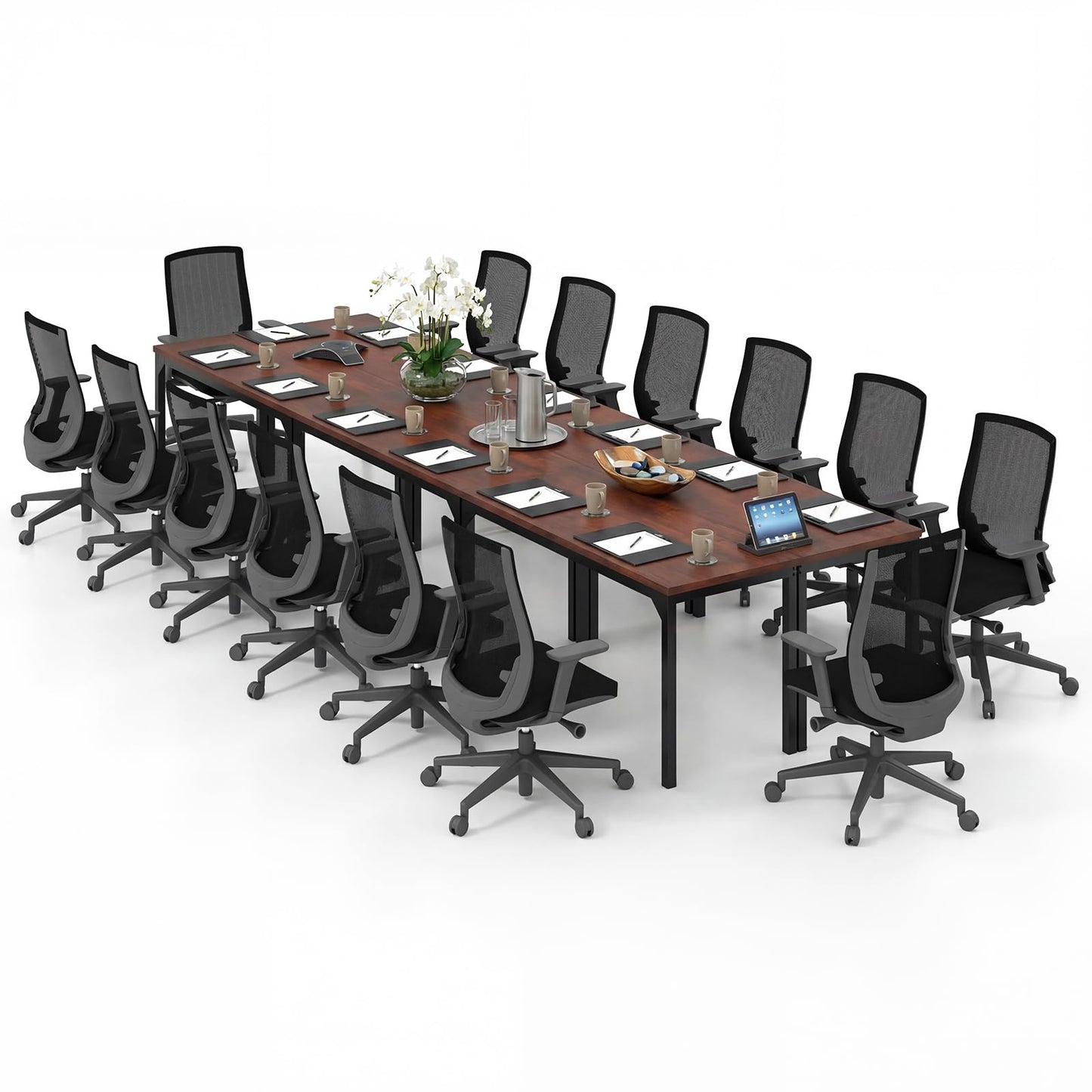 Giantex Conference Table, 9.2 ft x 4 ft Large Meeting Table, Rectangular Computer Desk with Strong Metal Frame for 10-12 People, Modern Seminar Table for Office Conference, Brown (4)