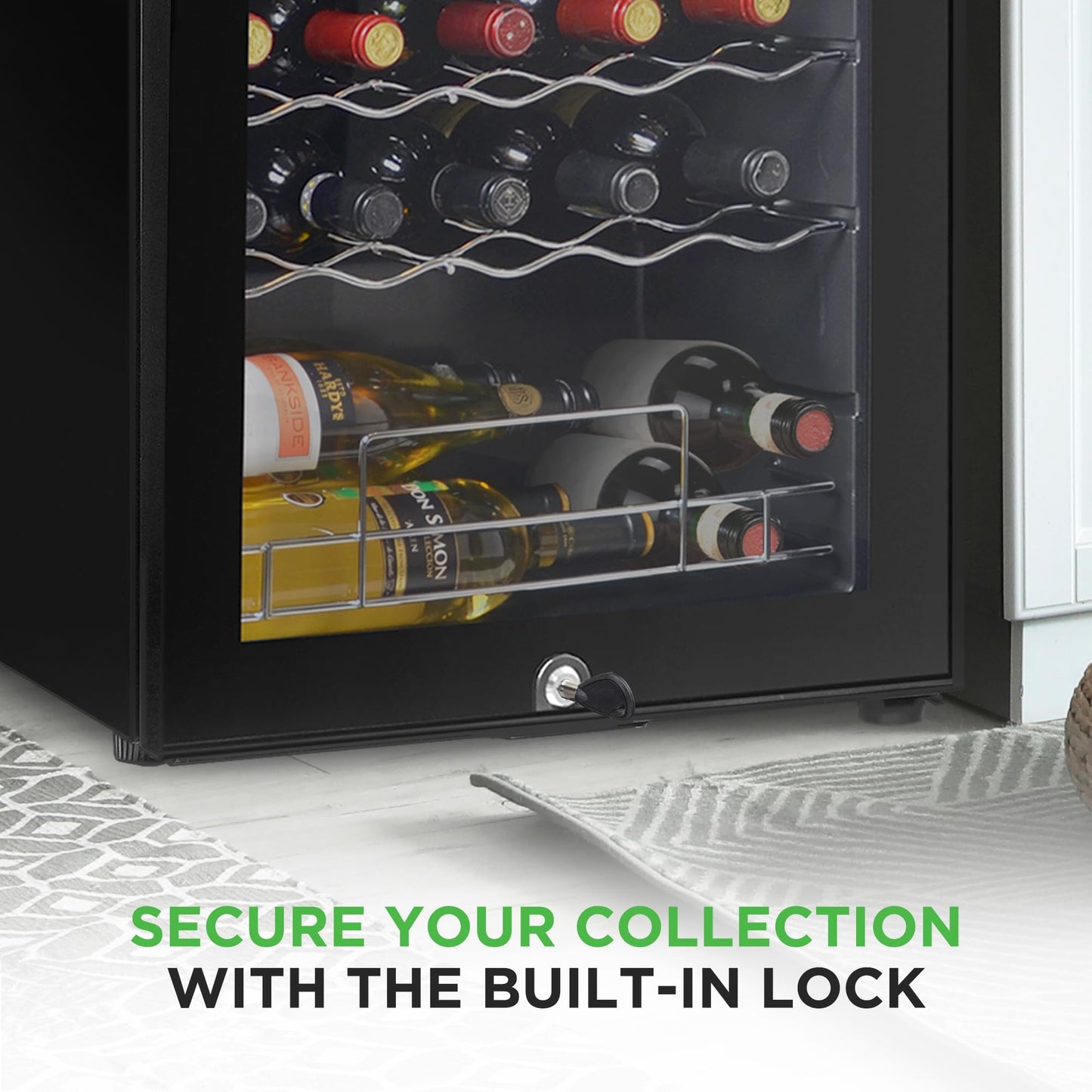 NutriChef PKCWC340 Wine Fridge, 34 Bottle Single Zone Beverage Chiller, 93.5L Capacity, 33x19x17 IN, Black
