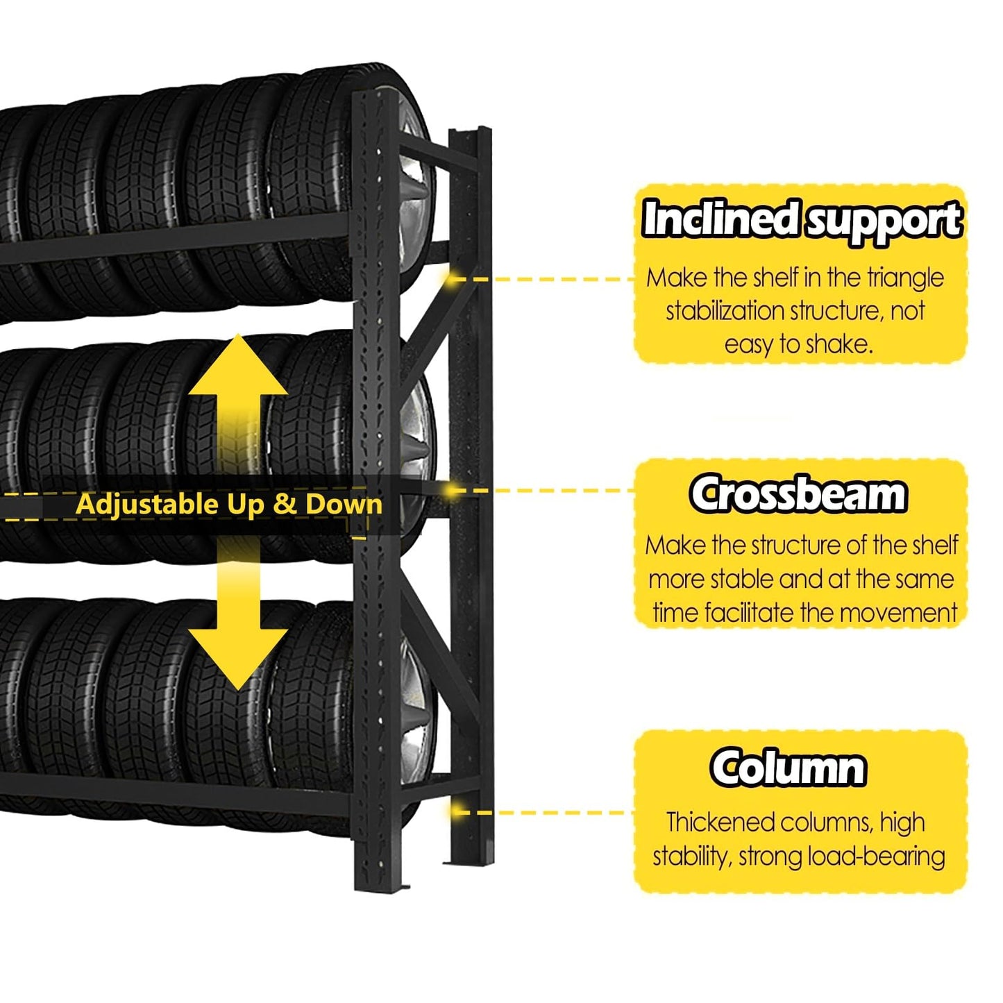 AOCDNEK Heavy Duty Tire Storage Rack, Steel, 1100lb,Load Capacity, Height Adjustable,for Auto Repair Shops Garages(Black,78.7x23.6x78.7in)