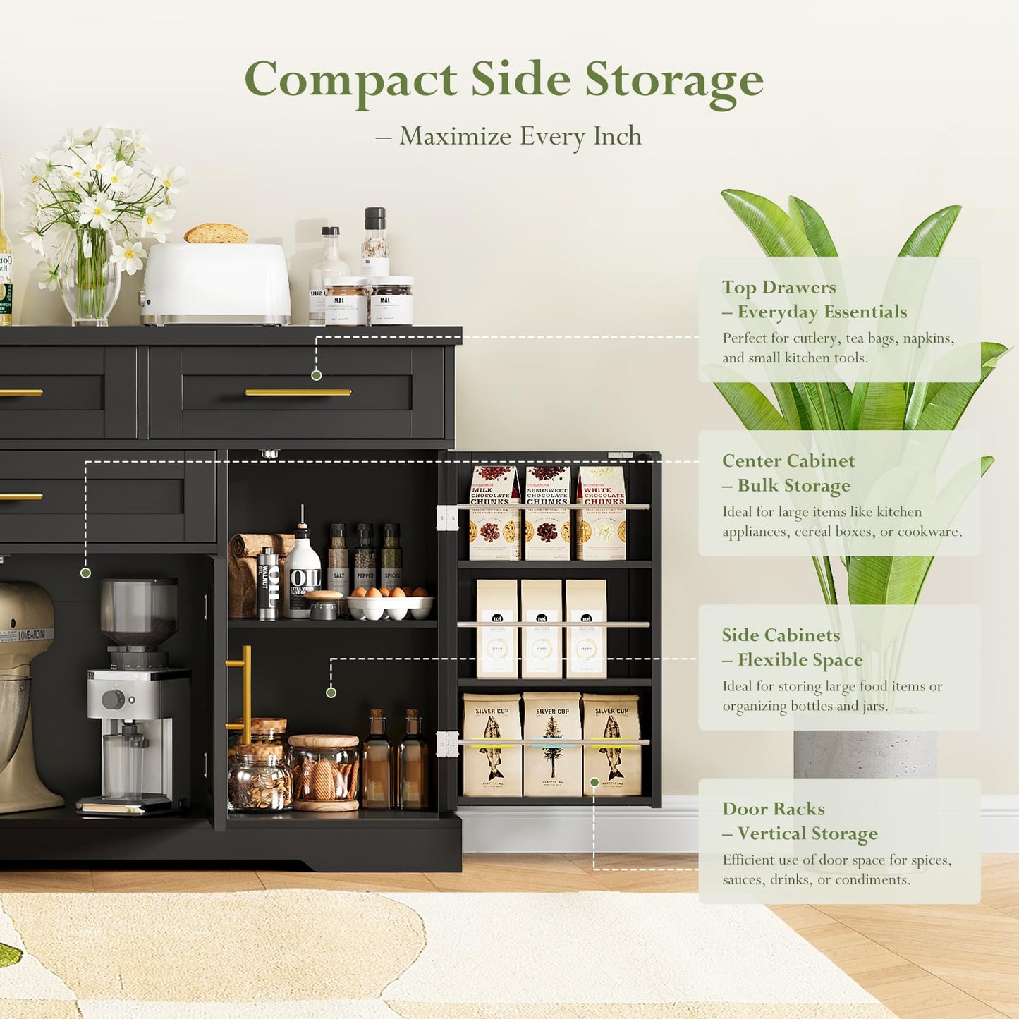 Concho 54" Buffet Cabinet with Storage, Kitchen Sideboard Cabinet with 4 Drawers, Coffee Bar Cabinet with Shelves, Modern Storage Cabinet for Dining Room, Living Room & Kitchen, Black