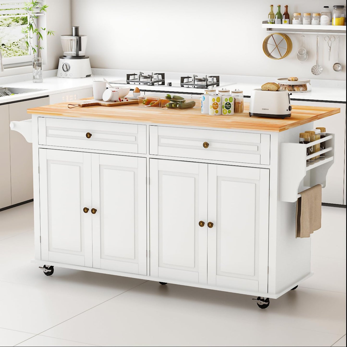 JassmiPkwy 67’’ Movable Kitchen Island with Drop Leaf and Power Outlet, Lockable Sliding Countertop Rolling Island Cart with 2 Large Drawers, Spice, Towel Rack,White