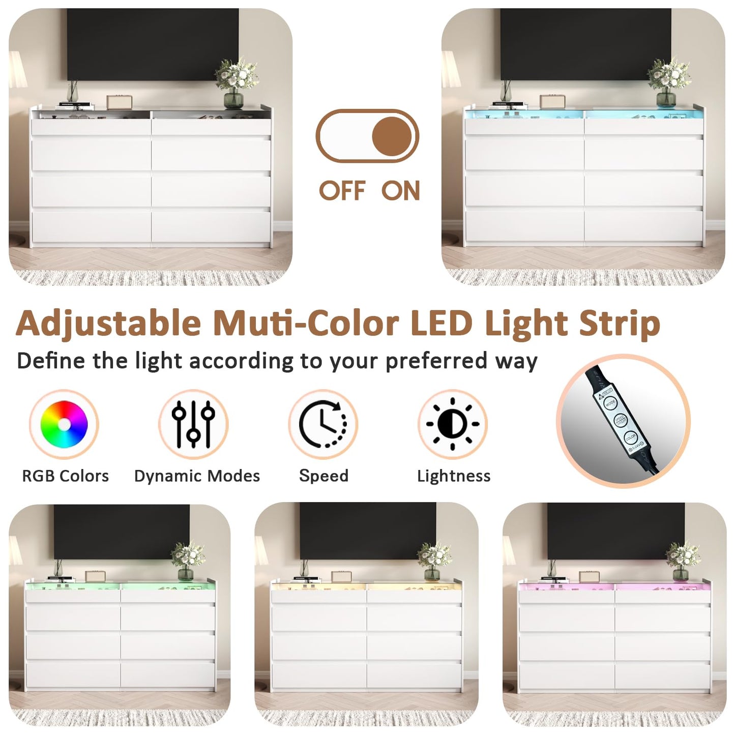 ZORPLIX White 8 Drawer Dresser for Bedroom, Modern Chest of Drawers, Jewelry Dresser Display with Glass Top and LED Light, Dressers Organizer for Bedroom, Closet, Living Room