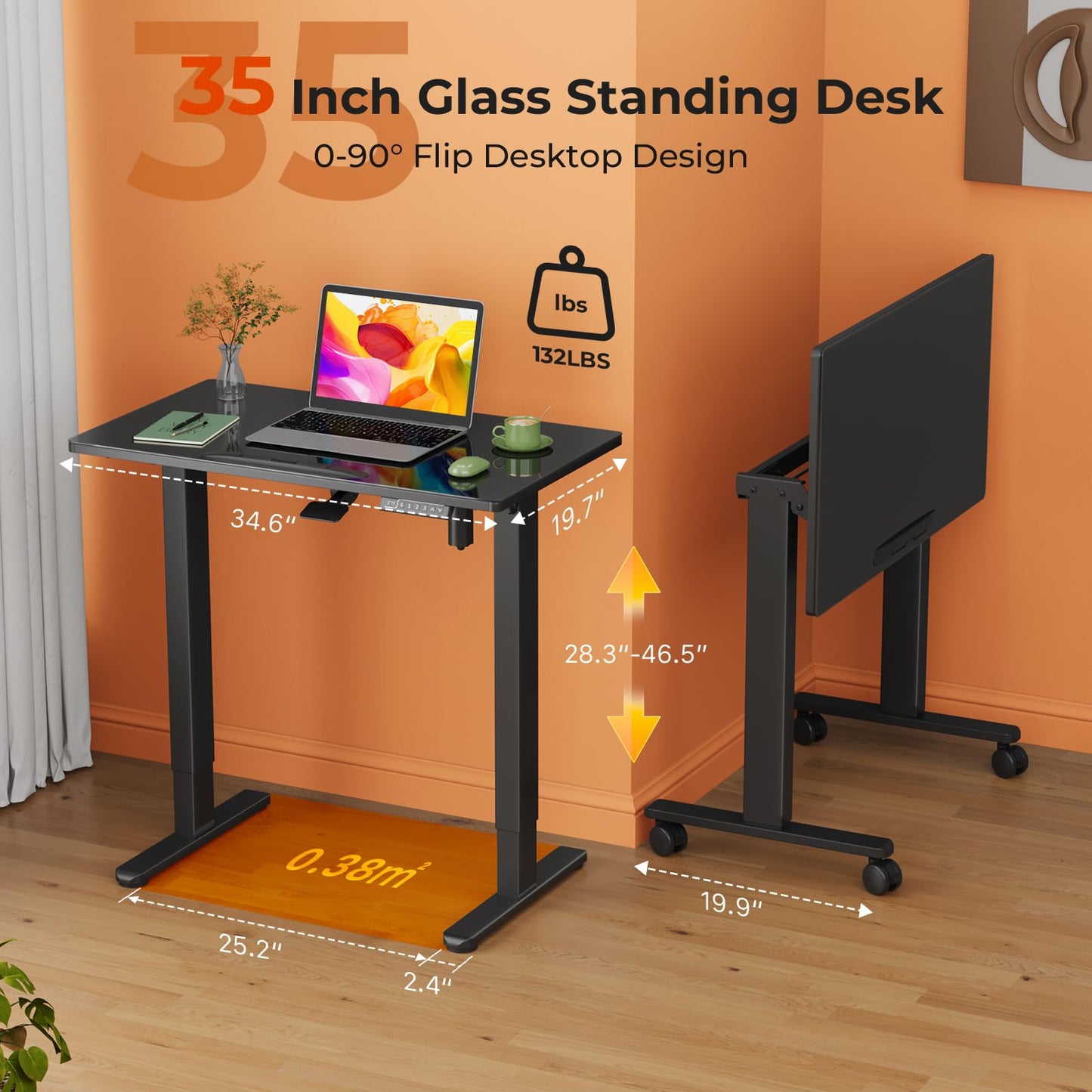 Liftsync Glass Standing Desk，35inch Whole Piece Rolling Sit Stand Table with Wheels，90° Tiltable Mobile Rising Height Adjustable，Foldable Top Suit for Small Laptop，Black