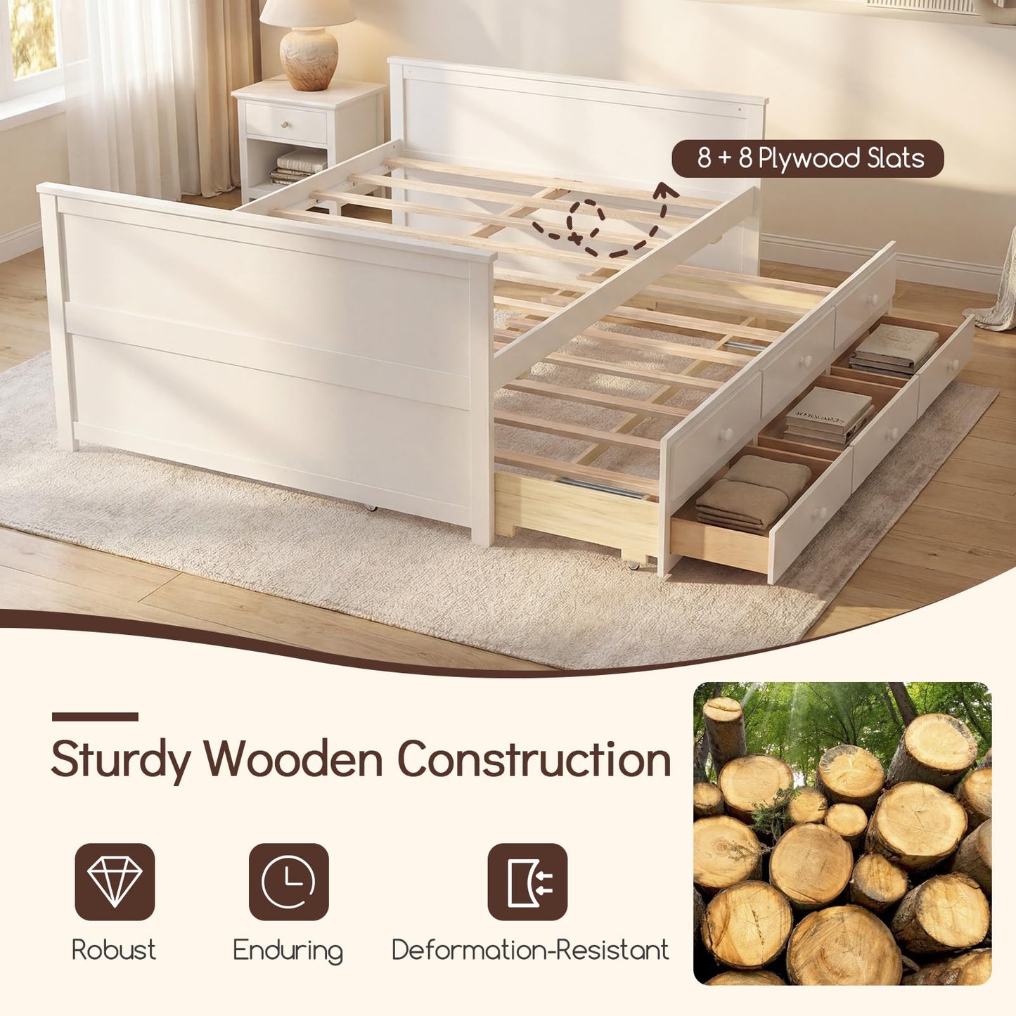 KOMFOTT Wood Full Trundle Bed with 3 Storage Drawers, Daybed with Trundle, No Box Spring Needed Daybed Frame, Trundle Bed with Storage for Kids Teens & Adults, Full Size Captain’s Bed (White)