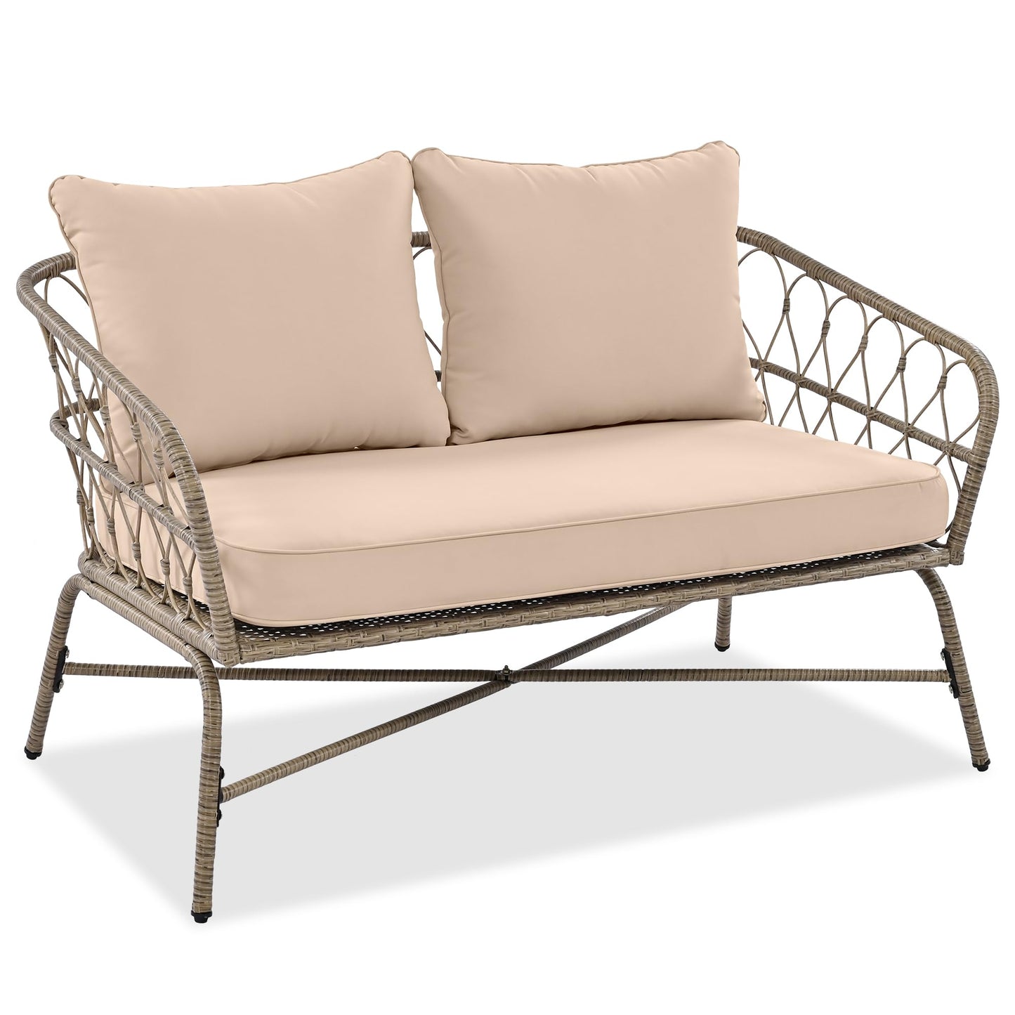 4-Person Outdoor Wicker Sofa Set, Boho-Inspired Patio Conversation Furniture with Oval Acacia Wood Tabletop, Removable Cushions and Pillows, Adjustable Feet, Beige, Perfect for Garden, Backyard, Deck