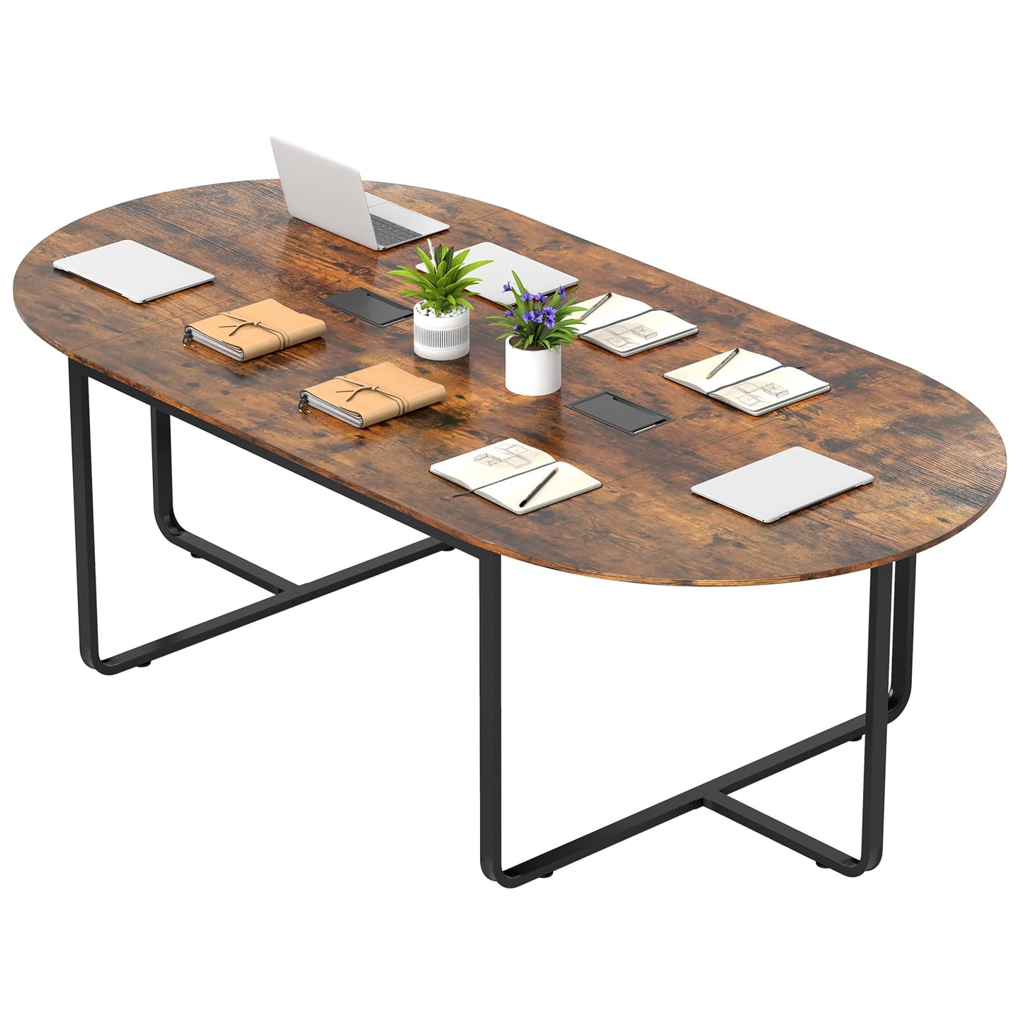 Nightcore 8 FT Oval Conference Table, 95" x 48" x 30" Large Meeting Table with Cable Holes and Strong Metal Frame for Office, Business Style Training Table for 12 People, Rustic Brown & Black