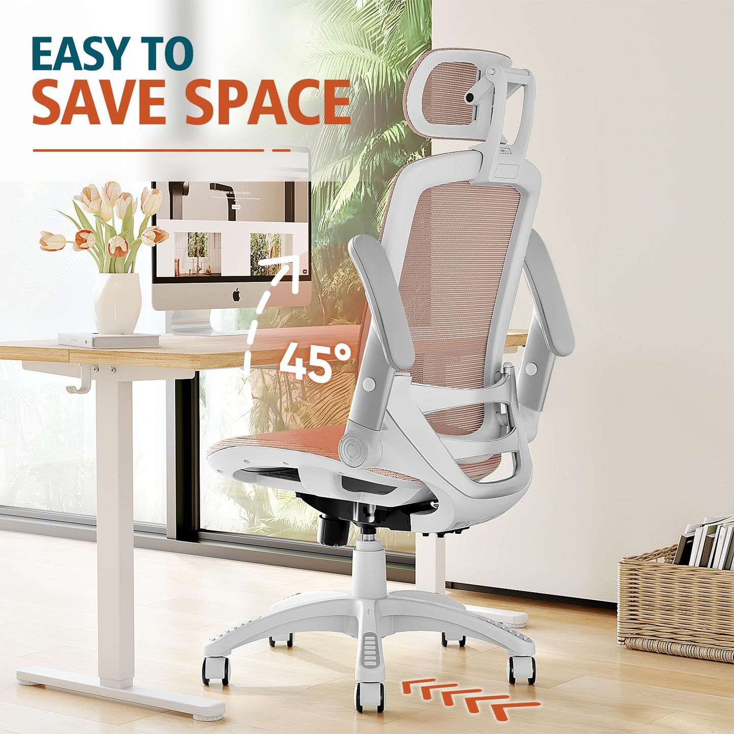 GABRYLLY Ergonomic Office Chair, High Back Home Desk Chair with Headrest, Flip-Up Arms, 90-120° Tilt Lock and Wide Cushion, 300LBS Mesh Chairs for Man Woman, White Task Chair(Pink,GY01WPK)