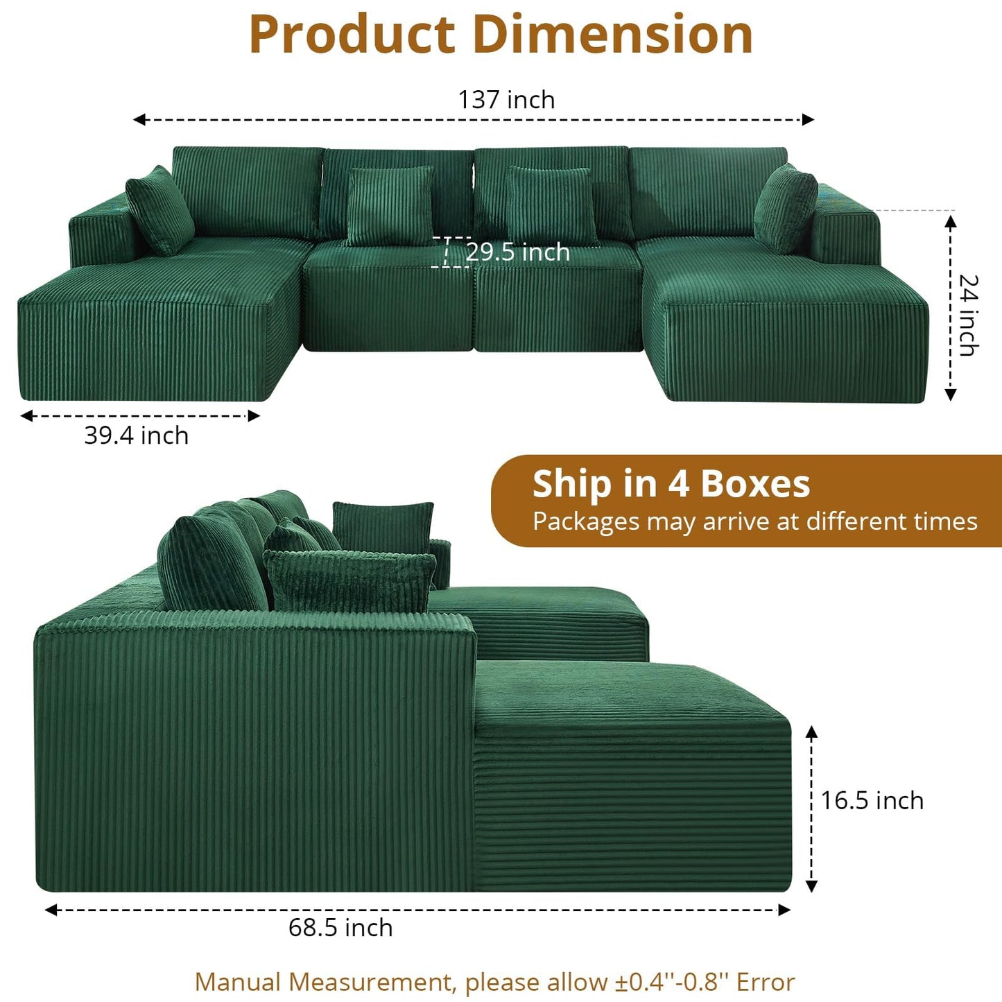 137" Modular Sectional Sofa, U-Shape Cloud Couch with Chaise, Deep Seat, Armrests and Plush Corduroy Fabric, No Assembly Required, Boneless Compression Sectional Couch for Living Room, Green