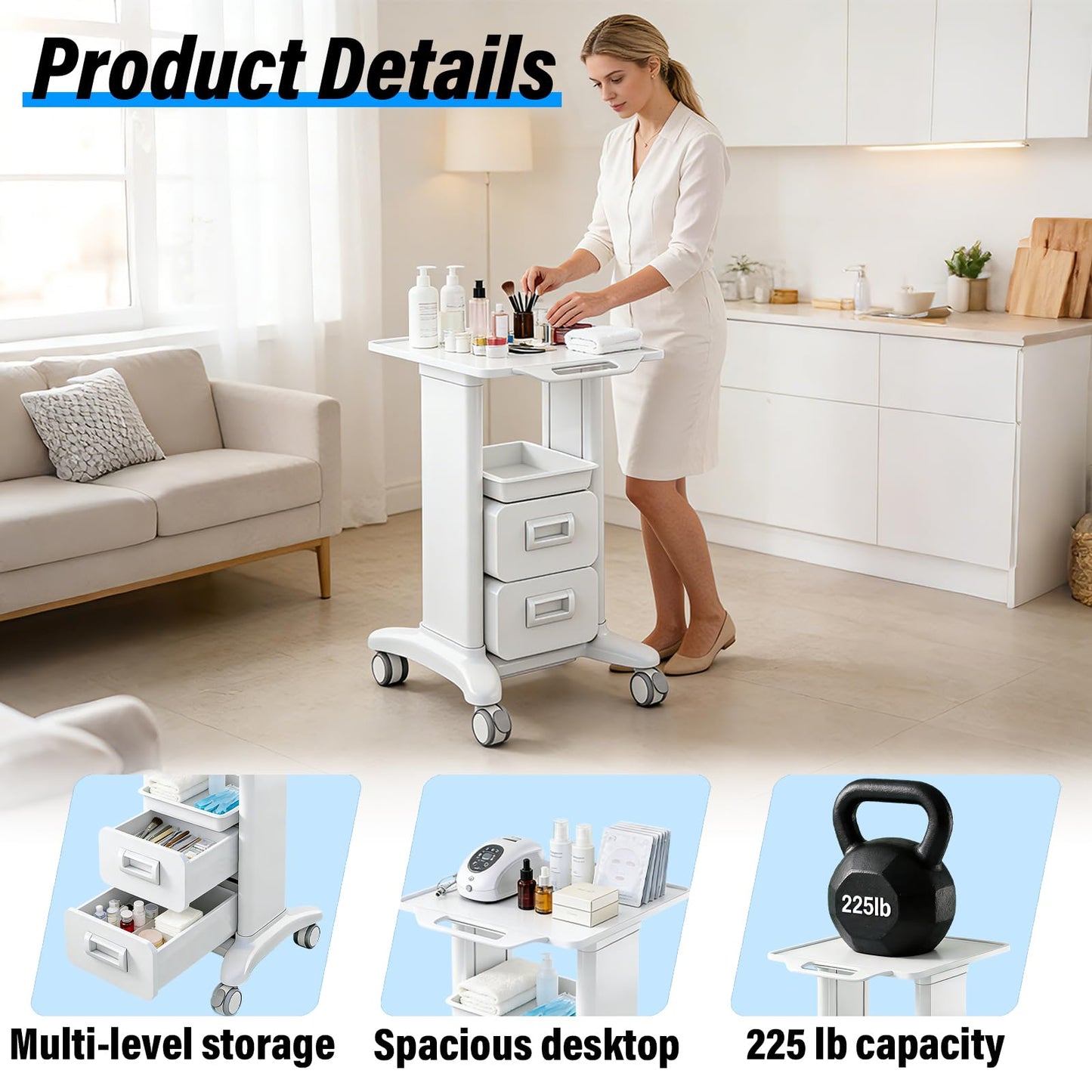 Medical Trolley Cart Mobile with Drawers, Hospital Ultrasound Cart with 4 Silent Swivel Wheels, Portable Medical Trolley Carts, 225 LBS Load, for Beauty, Salon, Clinic and Lab (White, Single Drawer)