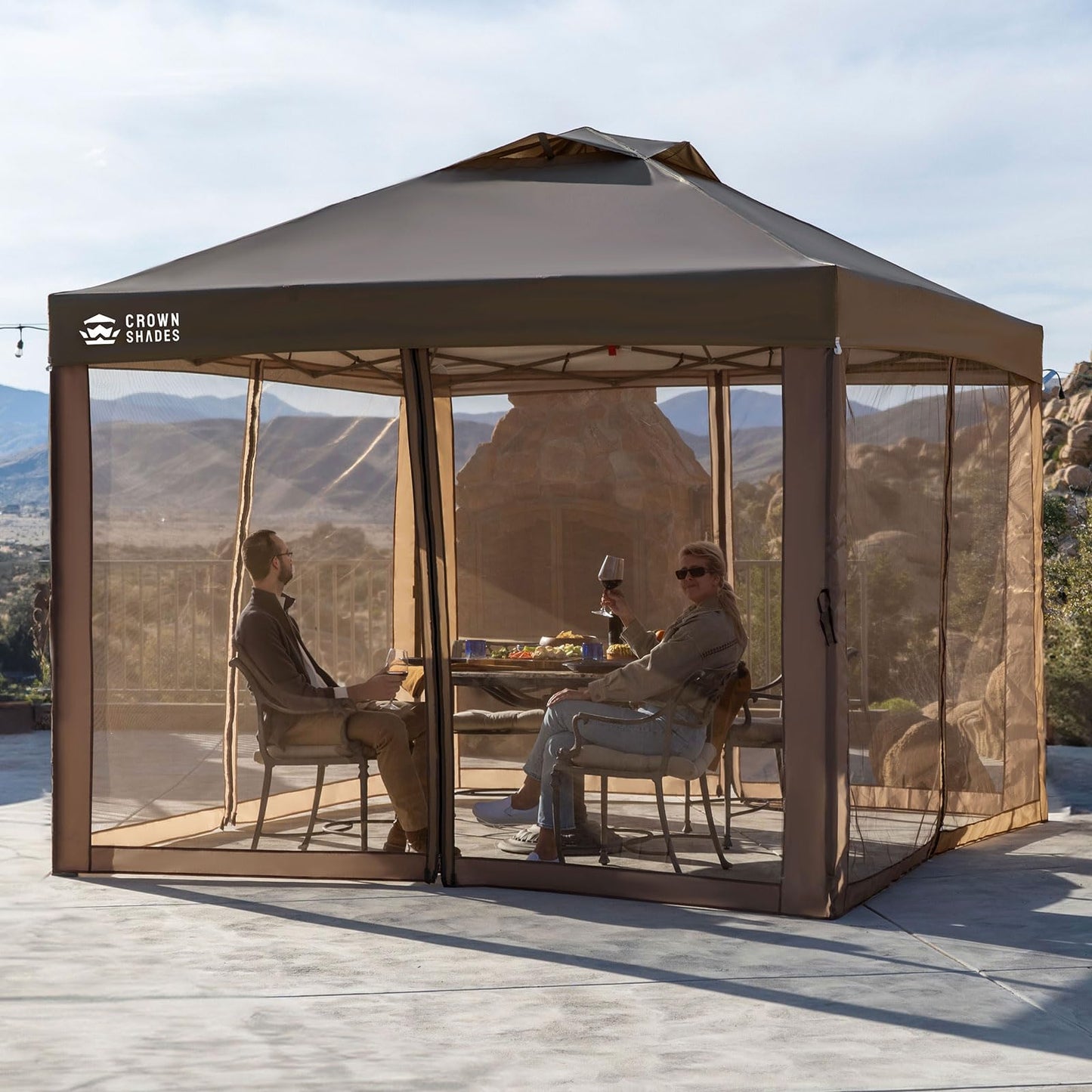 CROWN SHADES Gazebo 10x10 Pop Up Canopy with Mosquito Netting, Screen Tent with 4 Ropes, 8 Stakes, 4 Sandbags and Wheeled Storage Bag, Canopy for Patio & Backyard Parties,Camping&Events -(Coffee)