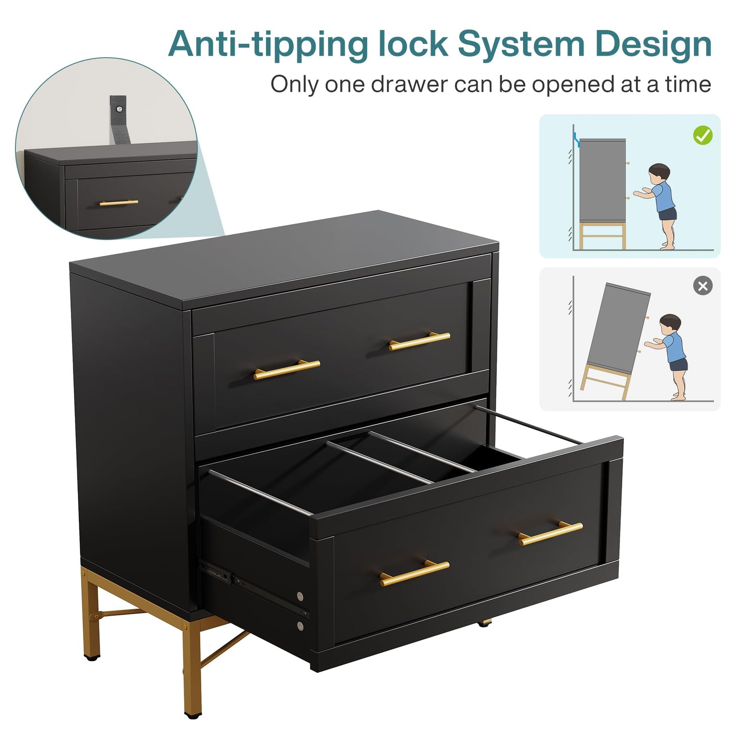 Tribesigns 2 Drawer File Cabinet, Modern Wood Lateral Filing Cabinet for Letter/Legal/A4 Size, Large File Storage Cabinets Printer Stand with Storage for Home Office, Black and Gold