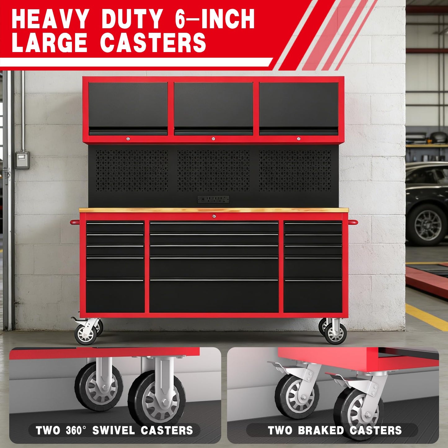 LARBANKE 72" Rolling Tool Chest with 15 Drawers - Heavy Duty Garage Workbench with Power Strip & Pegboard - 18" Deep 1.2" Thick Solid Wood Top, Lockable Tool Storage Cabinet for Professional Mechanic