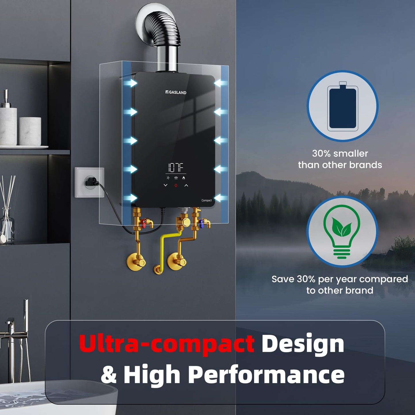 GASLAND Compact Natural Gas Tankless Water Heater Indoor, Up to 4.22 GPM 102,000 BTU Instant On-Demand Water Heater, Extremely Compact, Ultra Quiet, More Stable Temp for Residential Use, CG422NG