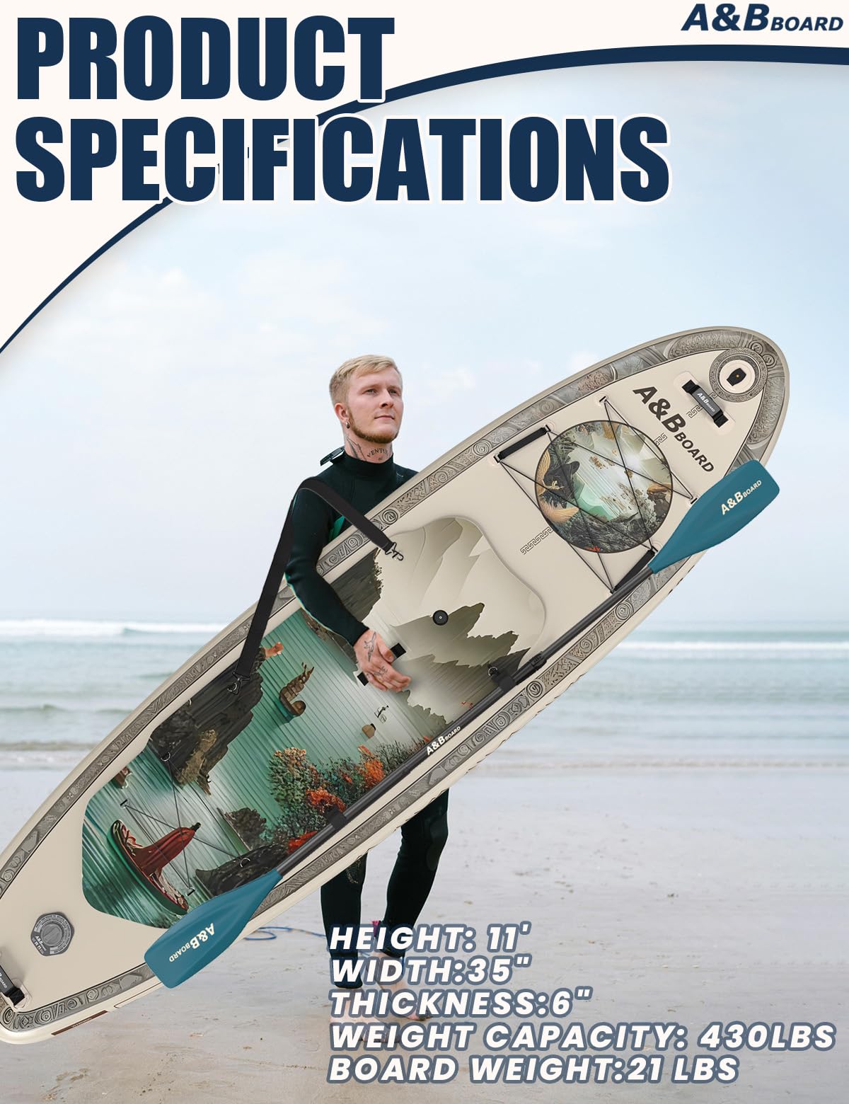 ABBOARD Inflatable Stand Up Paddle Board 11 Ft Extra Wide Fishing Paddleboard with Sup Accessories for Beginner Adults Youth