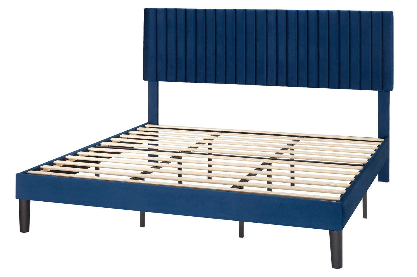 SHA CERLIN King Upholstered Platform Bed Frame with Vertical Channel Tufted Velvet Fabric Adjustable Headboard, Wooden Slats Support, Mattress Foundation, Box Spring Optional, Blue