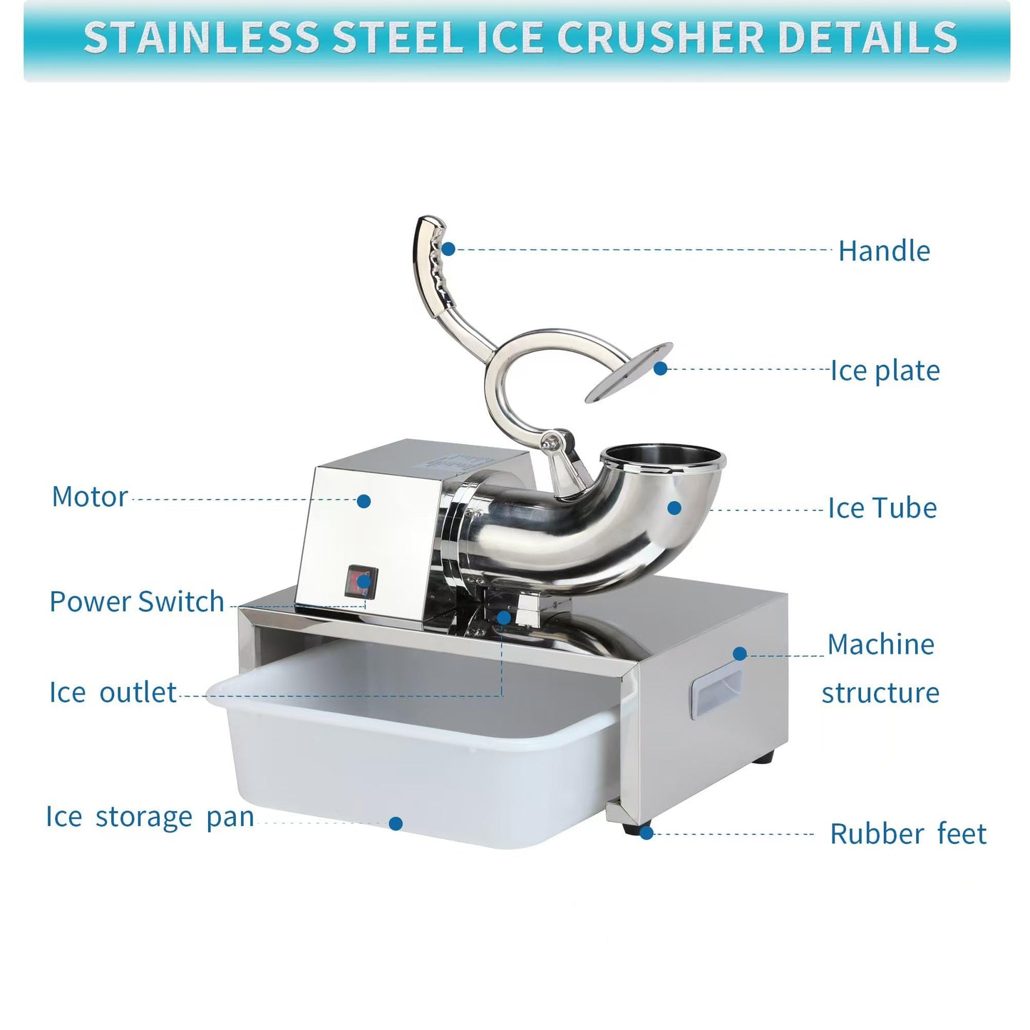 SNICE Electric Stainless Steel Snowflake Ice Shaver Machine For Bar,Kitchen,Seafood,Cold drink Heavy-Duty Snow Cone Machine Ice Crusher Machine Double Blade, Shaved Ice For Summer