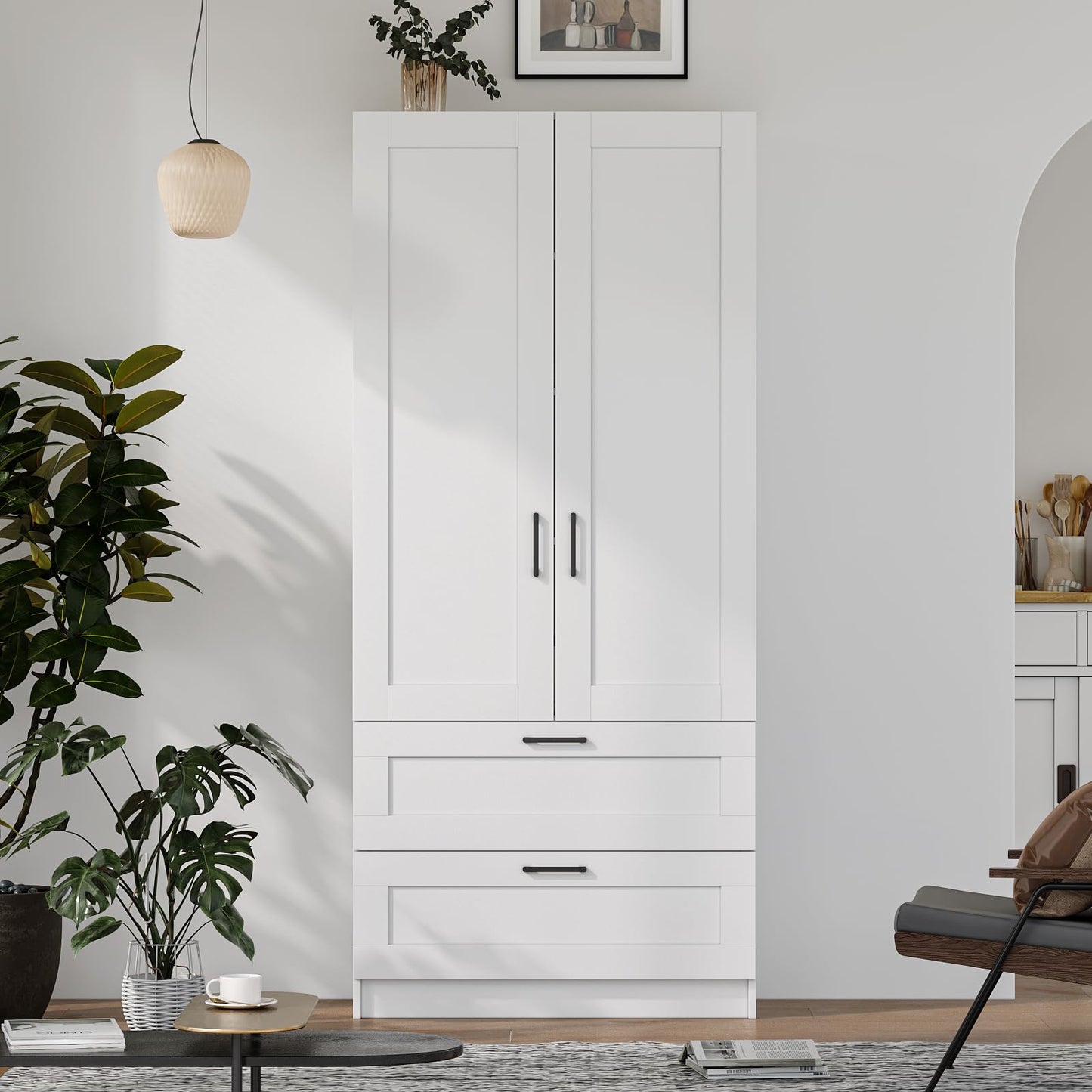White Tall Kitchen Pantry Cabinet Organizers and Storage with Doors and Drawer and Adjustable Shelves，Wood Large Gabinetes Para Cocina Office Bookshelf for Laundry Room Cabinets (31.5”W*15.7”D*71”H)