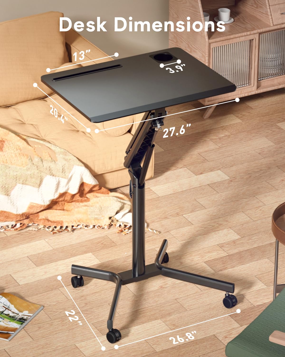 JOY Worker Standing Desk, 28" Small Height Adjustable Rolling Laptop Desk, Portable Sit-Stand with Lockable Wheels, Ergonomic Desktop Table for Home Office, Black