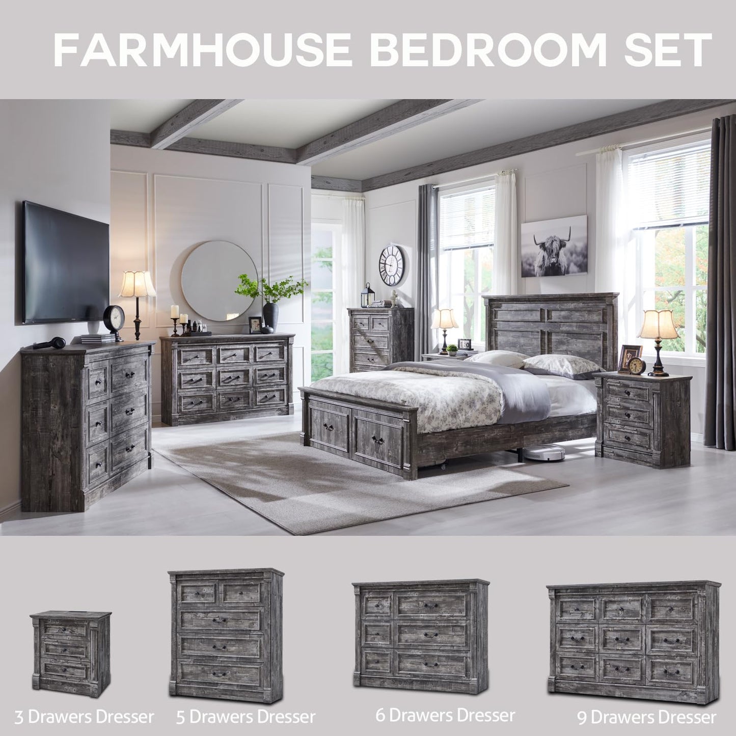 Aitjunz Farmhouse Queen Size Bed Frame with 51" Tall Headboard, Wood Platform Bed Frame with 20" Tall Roman Column Decoration Footboard & 2 Large Storage Drawers, No Box Spring Needed (Light Grey)