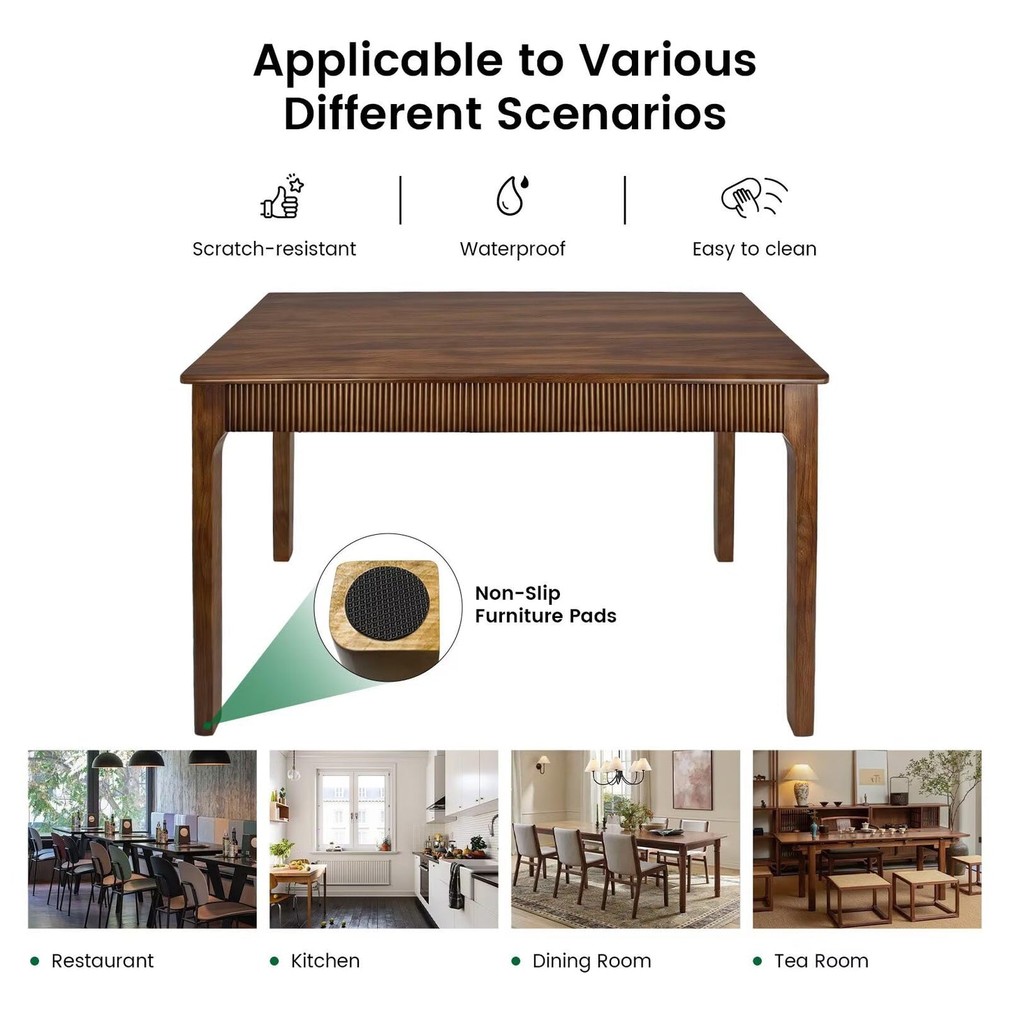 55" Solid Wood Dining Room Table for 4-6,Modern Farmhouse Rectangular Kitchen Real Wooden Table,Mid Century Fluted Design Large Furniture Desk for Home,Apartment,Living Room Walnut
