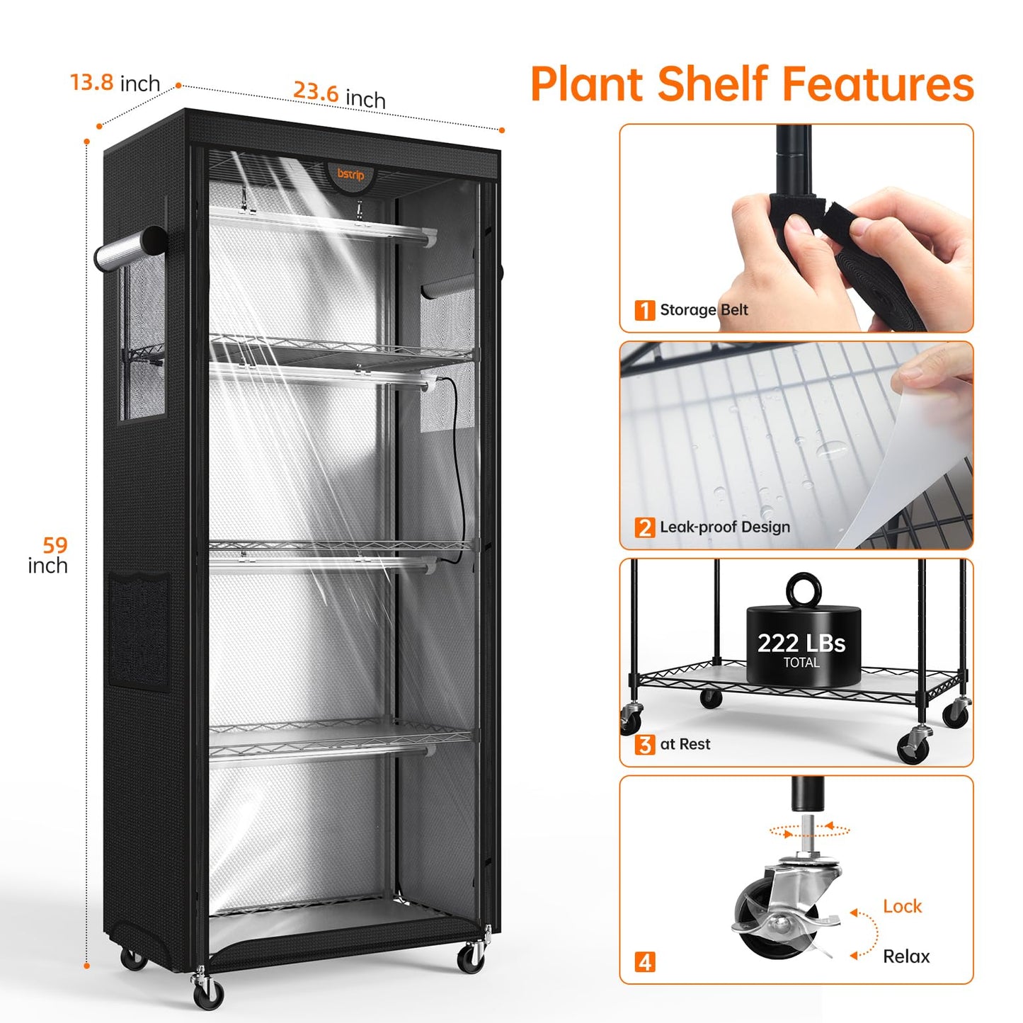 Bstrip Indoor Greenhouse with Grow Light, 4 Tier Plant Shelf with Oxford Fabric Grow Tent & Timer for Indoor Plant, Mini Greenhouse for Spring Seed Starting, Vegetables, Plant Growth, 23.6"x13.8"x59"