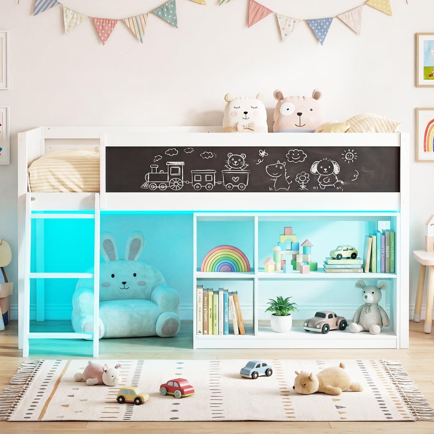 Giantex Low Loft Bed with LED Lights, Twin Size Bed Frames for Kids w/Chalkboard, Removable Bookcase & Under-Bed Storage Space, Wood Loft Beds with Stairs, Safety Guardrail for Girls Boys (White)