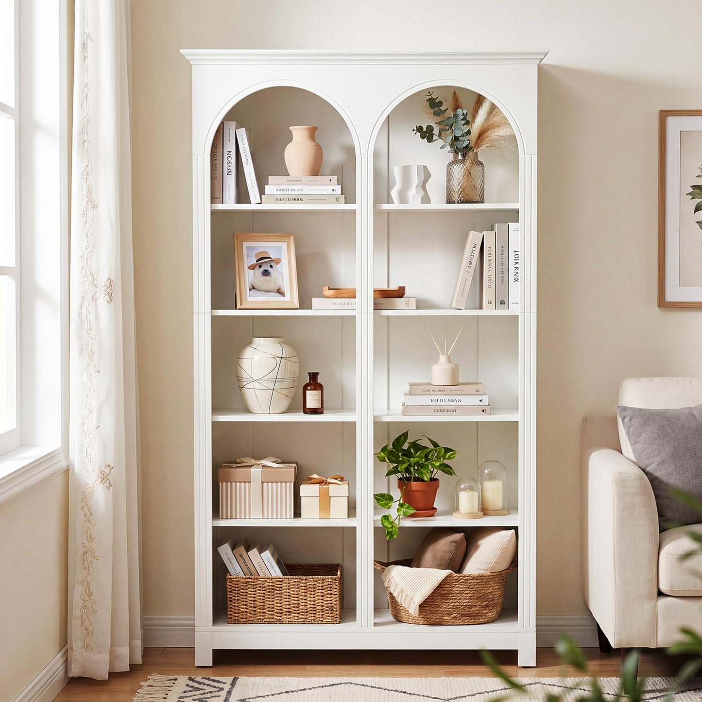 LITTLE TREE White Bookshelf, 5-Tier Tall Bookshelf, Open Storage Wide Display Book Shelf for Bedroom Living Room Office, Farmhouse Modern Elegant Arched Bookshelf