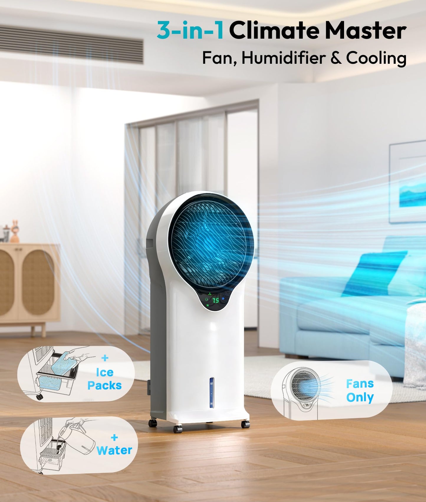 Rellytech 3-in-1 Evaporative Air Cooler, 35’’ Protable Swamp Cooler Indoor with 3 Modes&3 Speeds, 5.5L Water Tank Cold Air Cooler, Air Cooler for Room, Office with Oscillation, 2 Ice Packs