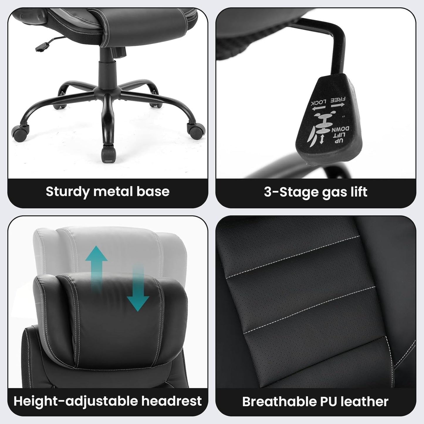 Oversized Executive Office Chair - 400LBS Heavy Duty, High Back Ergonomic Desk Chair with Adjustable Headrest/Lumbar Support, PU Leather Computer Chair for Long Hours (Home/Office/Gaming)，Gray