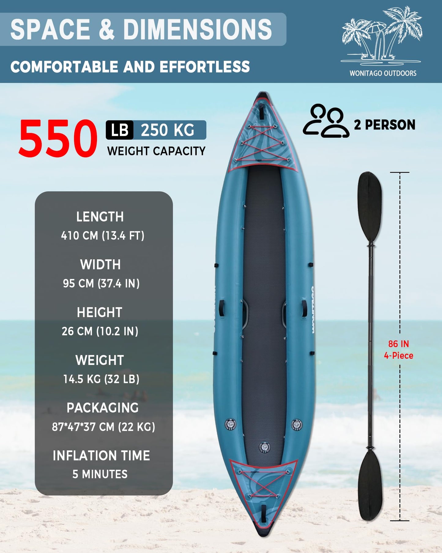 WONITAGO PVC Inflatable Kayak with Drop Stitch Floor, Recreational Touring Kayak with Kayak Paddle, Hand Pump and Carrying Bag, 2 Person, Blue