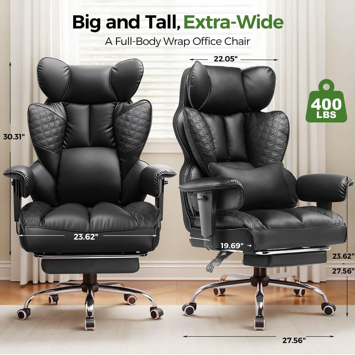 GTPOFFICE Big and Tall Office Chair 400LBS Wide Seat Computer Gaming Chair with Footrest & Comfy Lumbar Support, Leather High Back Executive Chair with Ergonomic Pressure Relief Seat Cushion, Black