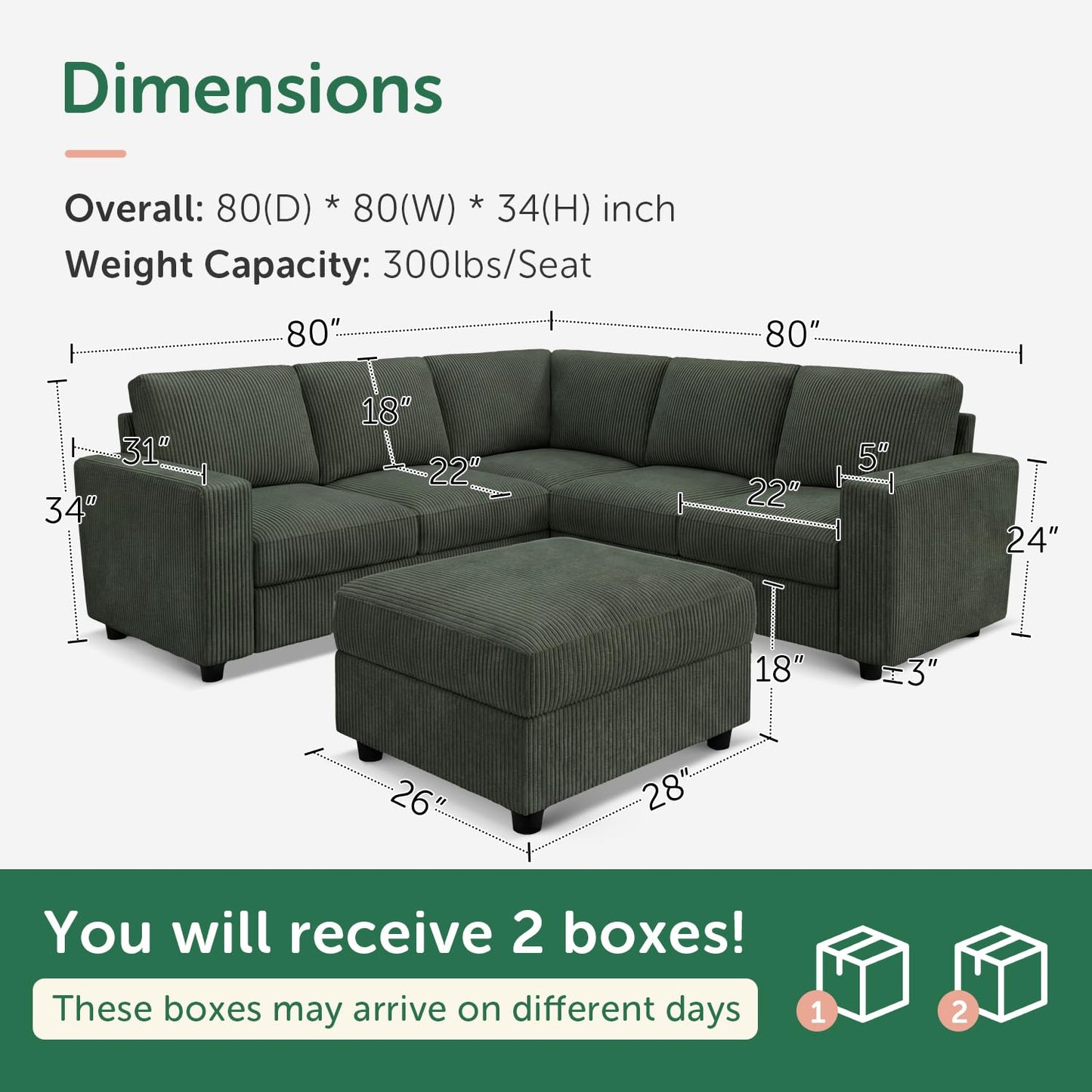 HONBAY Corduroy Sectional Sofa with Storage L-Shaped Sectional Couches for Living Room 6 Seater Sectional Sofa, Green