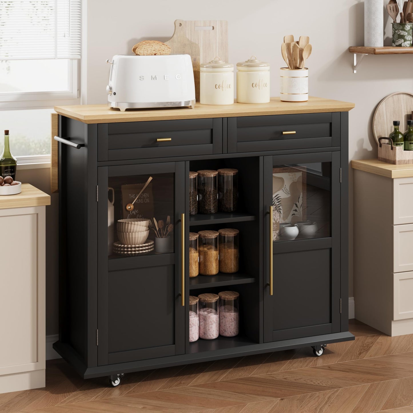 IDEALHOUSE Mobile Kitchen Island Cart with Storage & Drop Leaf - Rolling Kitchen Cabinet with Drawer, Shelf & Spice Rack for Dining Room (Black & Natural)