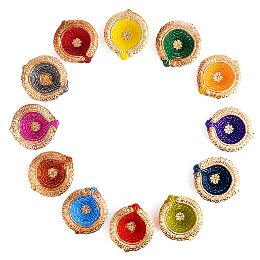 CRAFTSMAN Set of 12 Multicolored Clay Diyas | Handcrafted Terracotta Lamps for Diwali | Model DIYA001