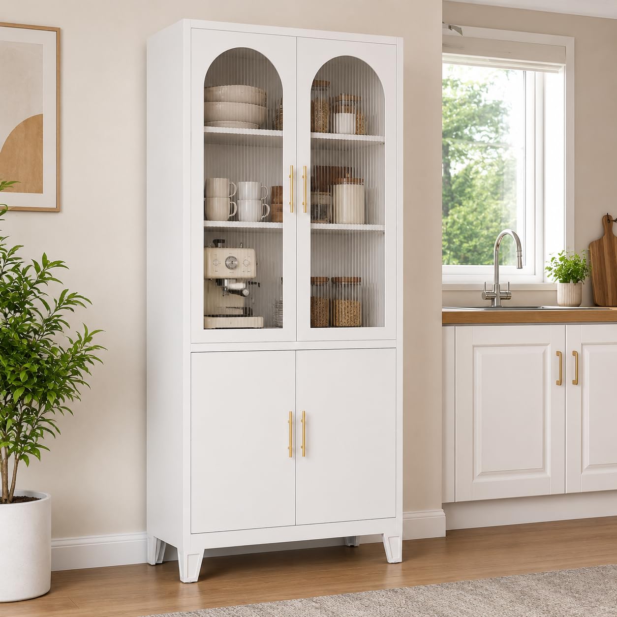 Arched Storage Cabinet with Glass Doors, 71" Tall Metal Pantry Cabinet, White Freestanding Storage with Upper Fluted Glass and Lower Metal Doors, Adjustable Shelves for Dining Room, Living Room