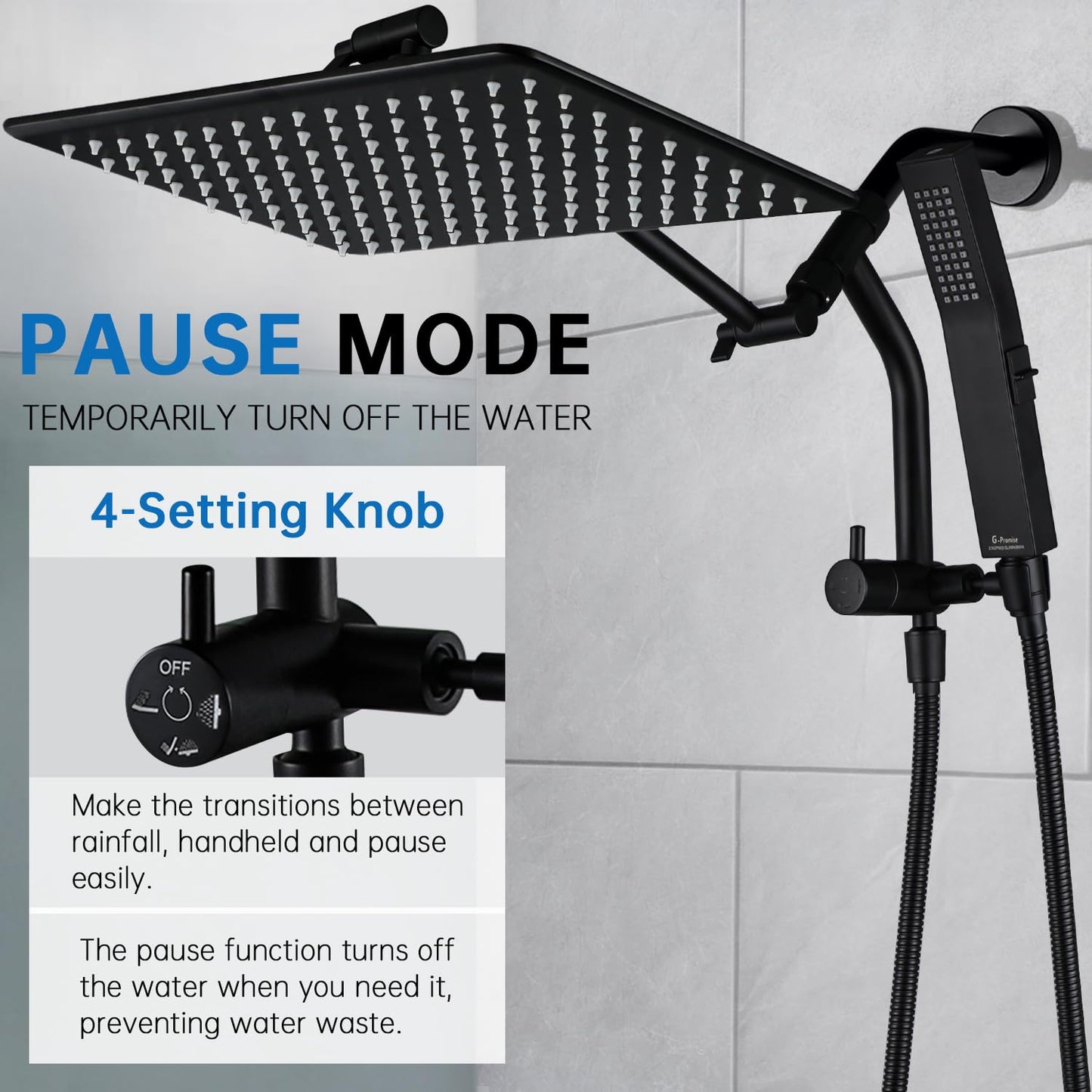 G-Promise All Metal 14 Inch Rain Shower Head with Power Wash Mode Handheld Spray Combo, Pause Setting 3-way Diverter, Full Body Coverage Waterfall Showerhead, Luxury Bathroom Upgrade (Matte Black)