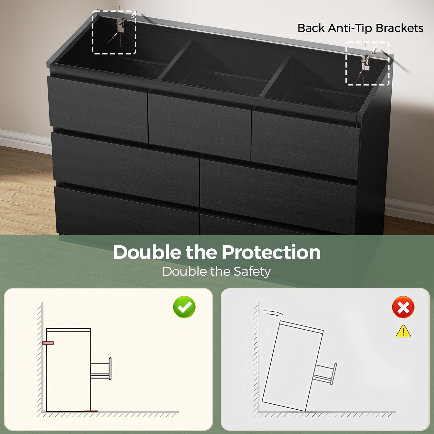 Jocoevol Modern Black 7 Drawer Dresser for Bedroom, Simply Chest of Drawers, Wood Storage Dresser with Deep Drawers for Living Room Hallway Entryway, Black