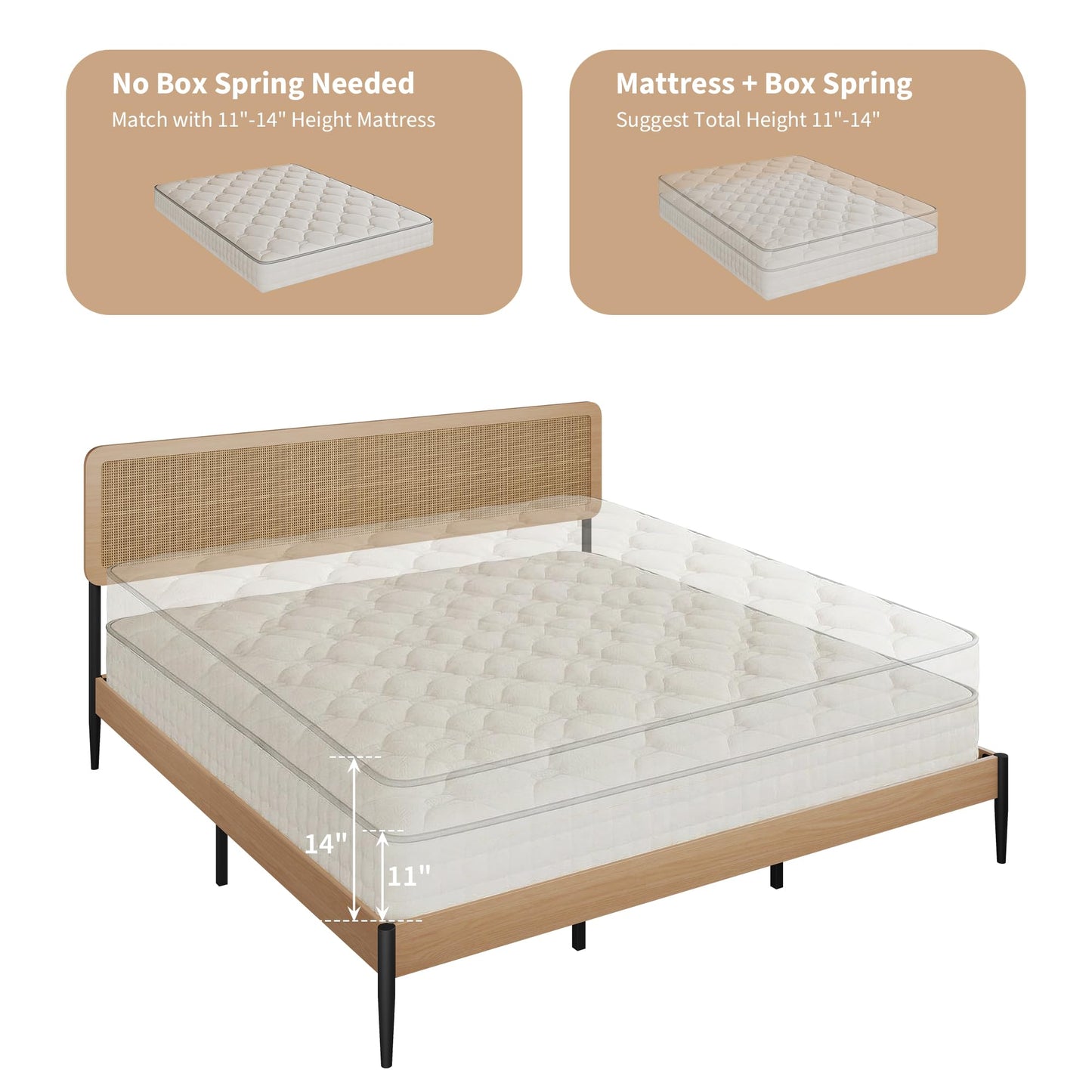 Rattan King Bed Frame with Headboard, Boho King Platform Beds, Natural Woven Rattan Headboard, Heavy Duty Slat Support Platform, No Box Spring Needed, Under Bed Storage, Noise Free, Easy Assembly