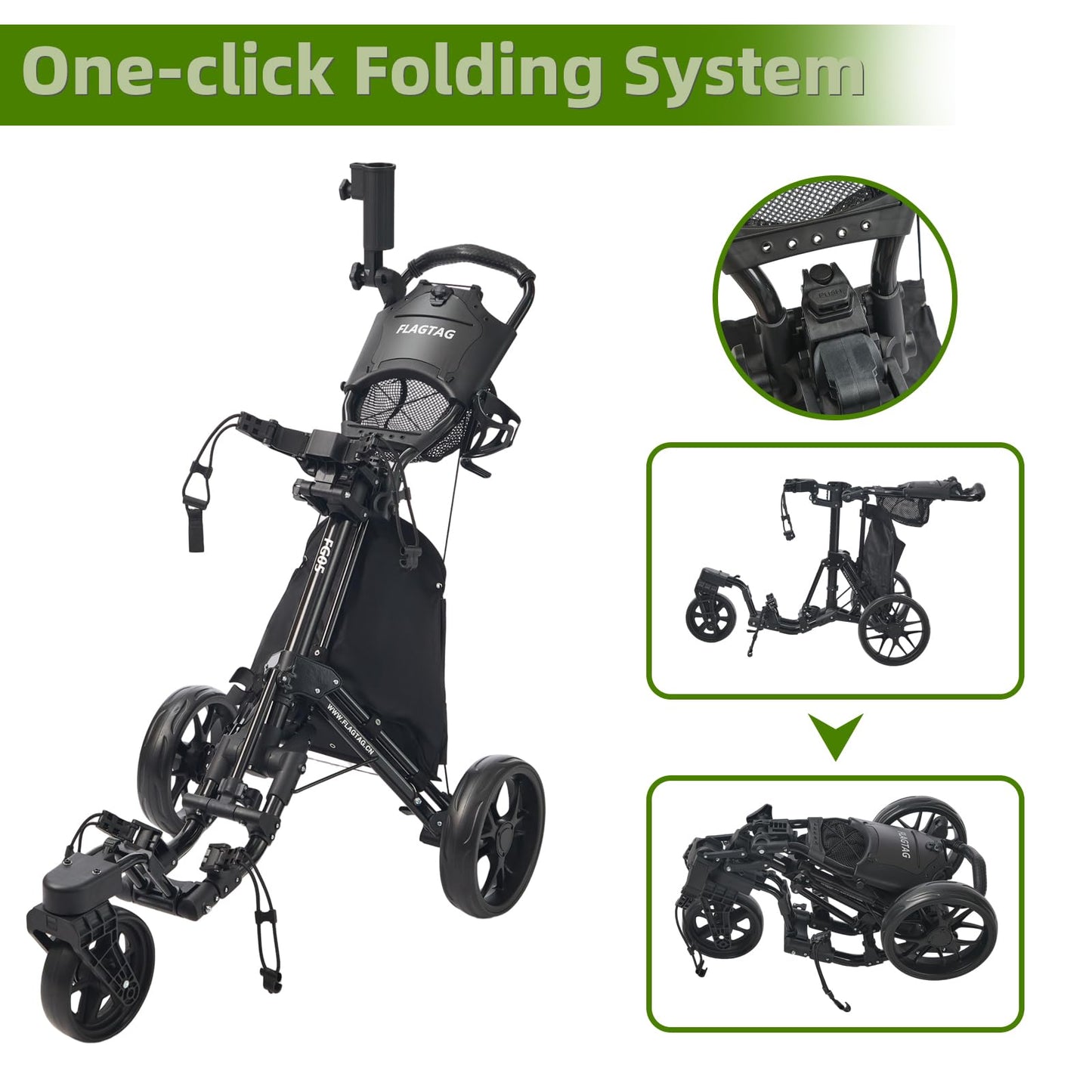 FLAGTAG Golf Push Cart 3 Wheel with 360 Swivel Front Wheel,Lightweight and Foldable Walking Golf Cart，One-Click Foldable,with Foot Brake