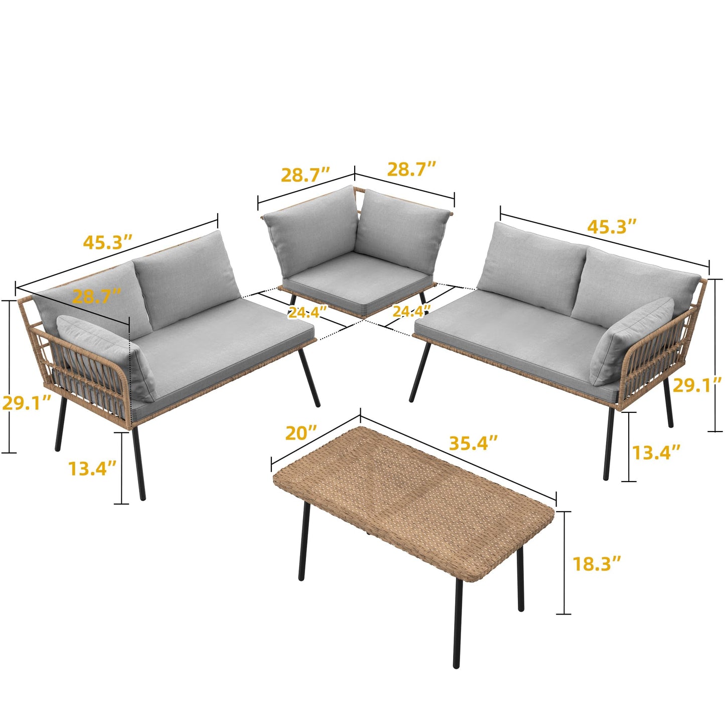 DWVO 4-Piece Outdoor Sectional Sofa Set, All-Weather Wicker L-Shaped 5-Seater Patio Furniture with Removable Cushions & Side Table, Boho Conversation Set for Backyard, Porch, Deck (Grey)