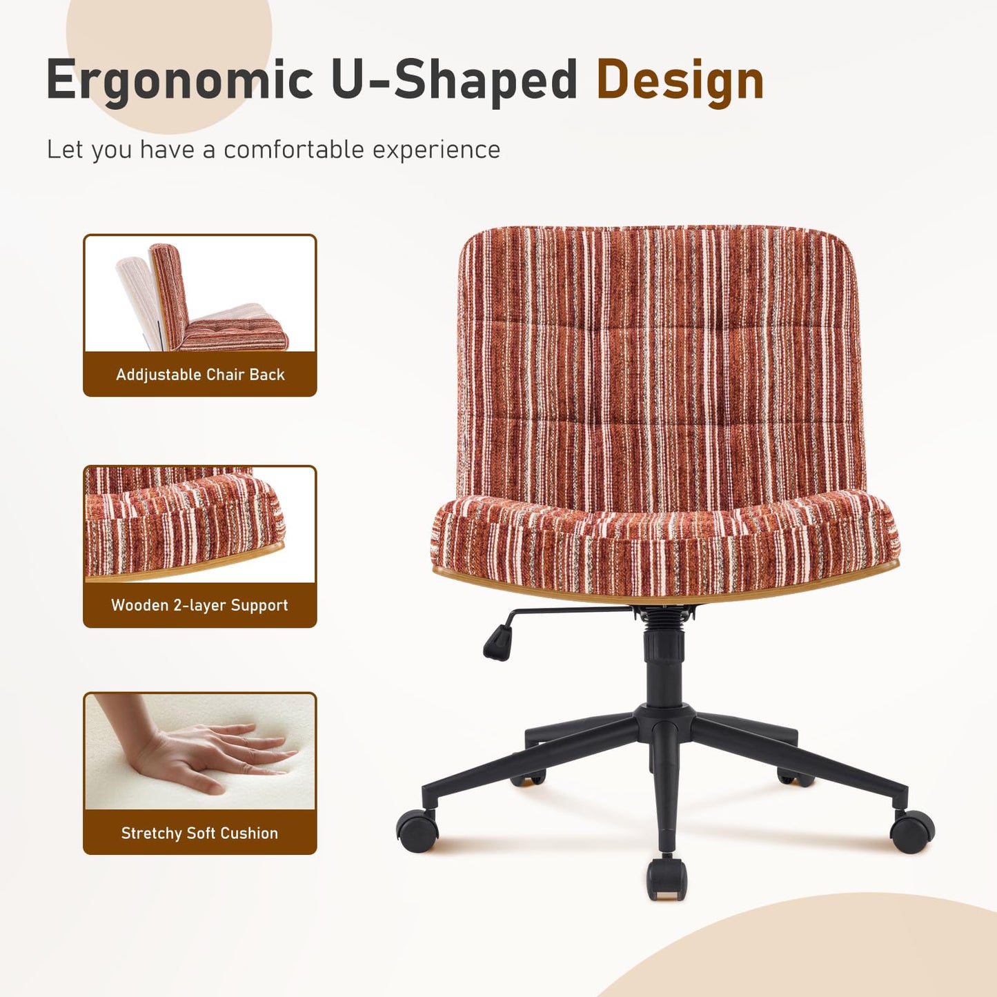 Furnimart Heavy-Duty Curved FSC Wood Desk Chair 360° Swivel, Premium Chenille Criss Cross Chair with Wheels Wide Seat, Comfy Armless Cross Legged Sitting for Bedroom, Office, Vanity(Dark Brown)
