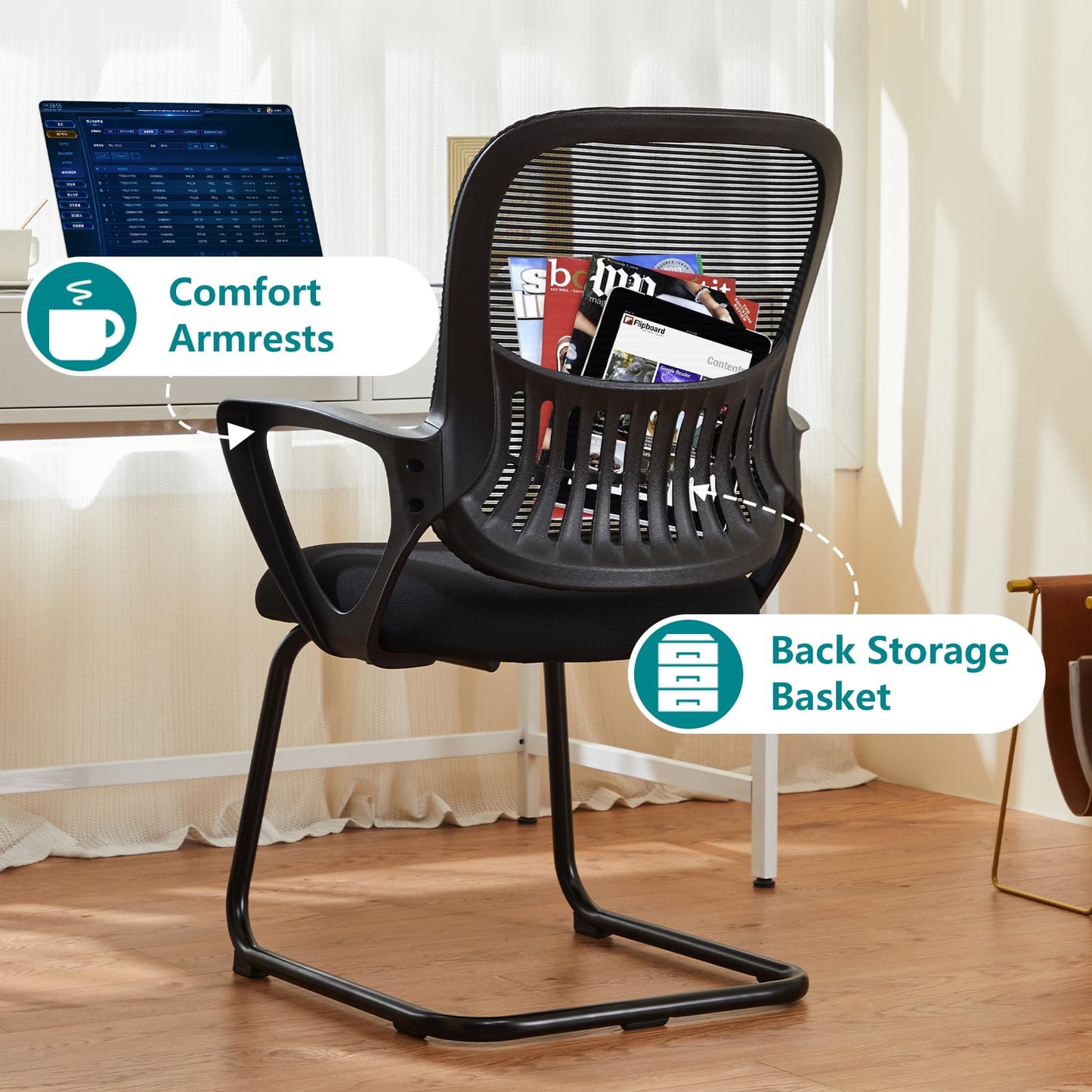 DUMOS Office Desk Chair with Sled Base Set of 4, Ergonomic Executive Mesh Computer Chairs with Lumbar Support for Home Bedroom Waiting Reception Guest Student