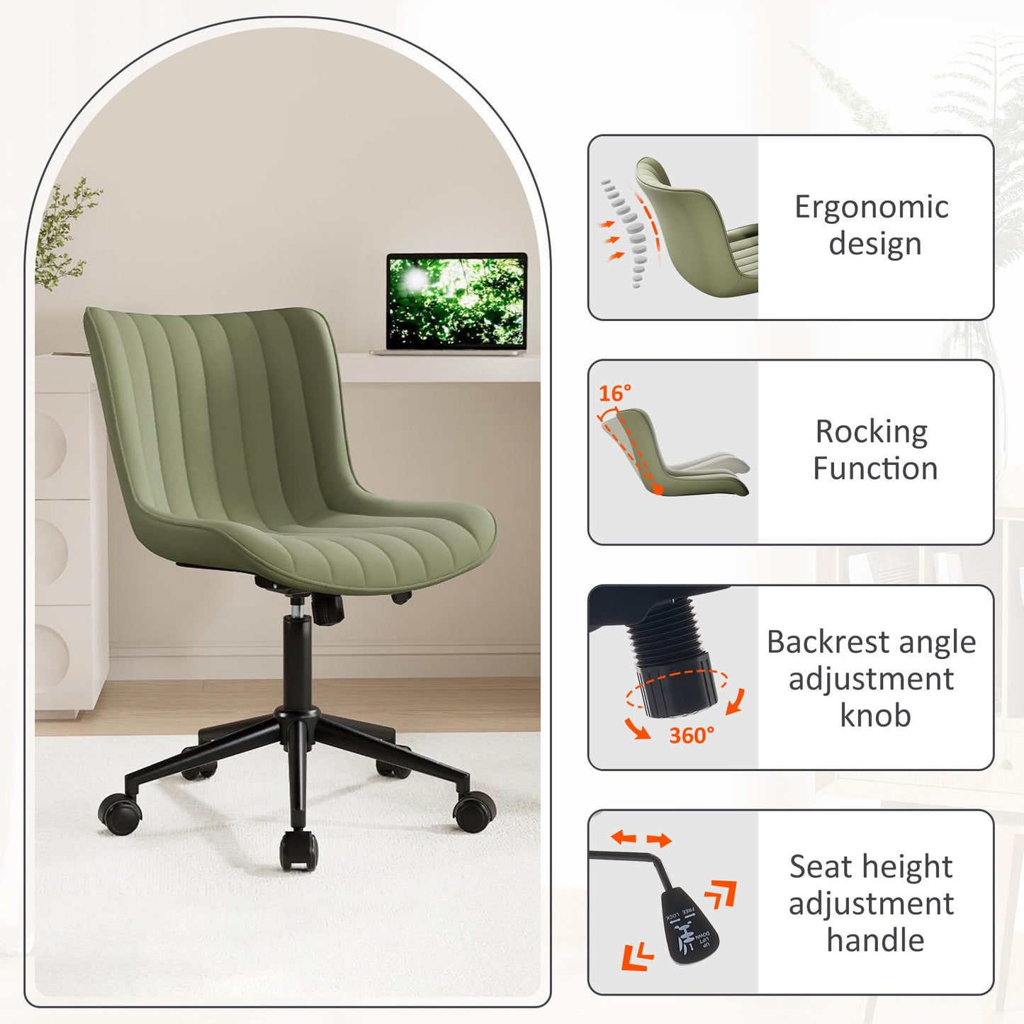 Kidol & Shellder Olive Green Office Desk Chair with Wheels Leather Modern Armless Swivel Vanity Chair with Comfy Padded Back Ergonomic Cute Rolling Adjustable Computer Chair Small